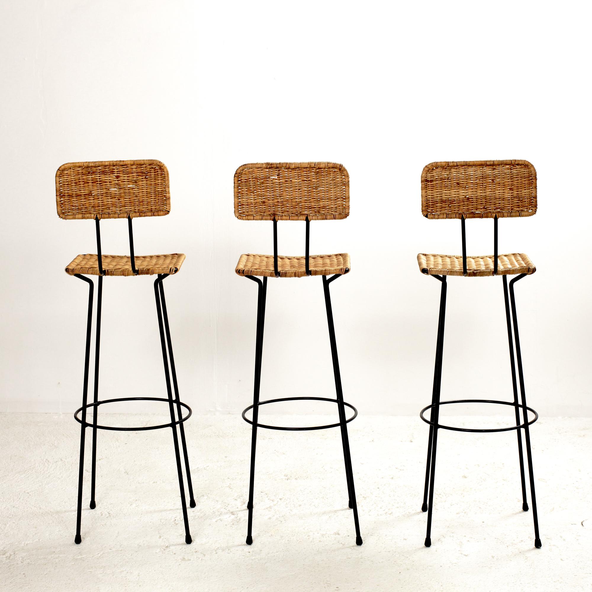 Italian Set of 3 Gian Franco Legler Rattan Bar Stools, Italy, 1950s For Sale