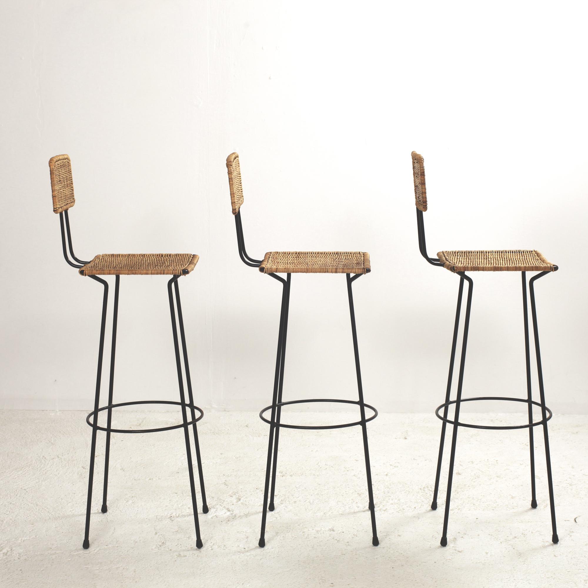 Hand-Woven Set of 3 Gian Franco Legler Rattan Bar Stools, Italy, 1950s For Sale
