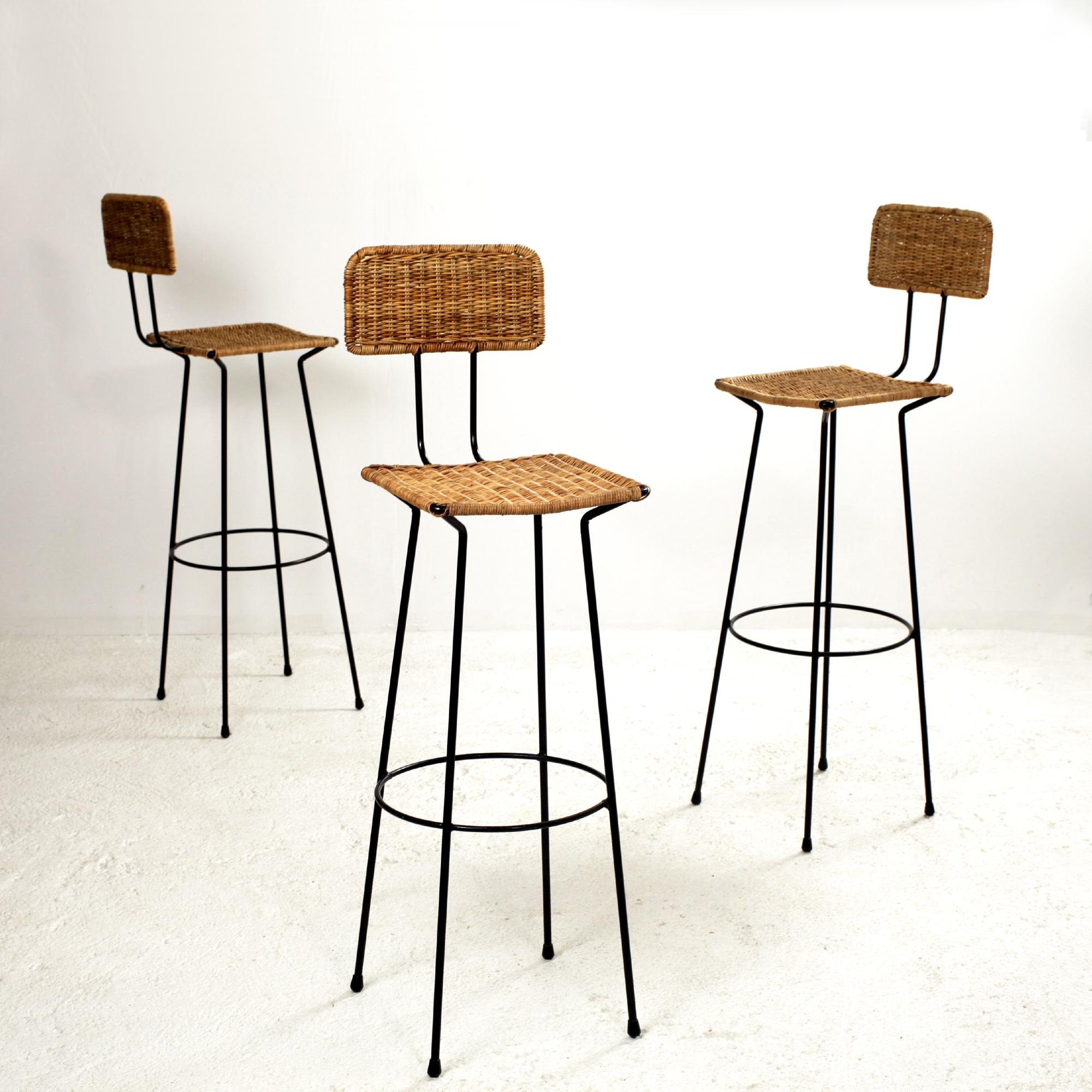 Mid-20th Century Set of 3 Gian Franco Legler Rattan Bar Stools, Italy, 1950s For Sale
