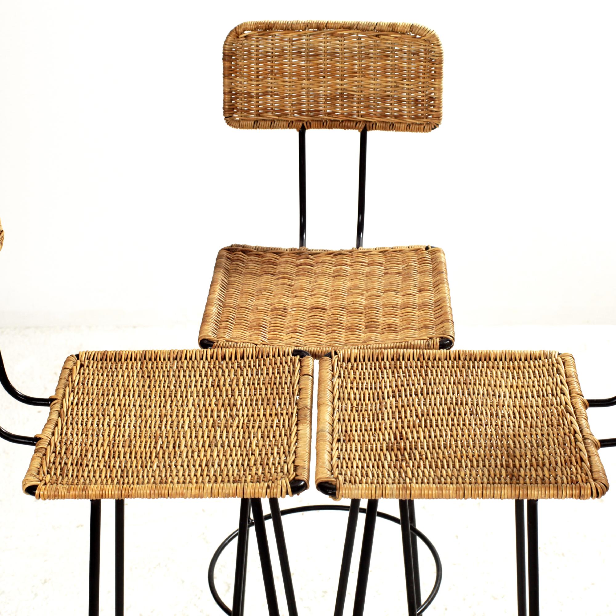 Metal Set of 3 Gian Franco Legler Rattan Bar Stools, Italy, 1950s For Sale