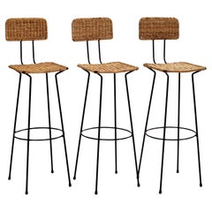 Set of 3 Gian Franco Legler Rattan Bar Stools, Italy, 1950s