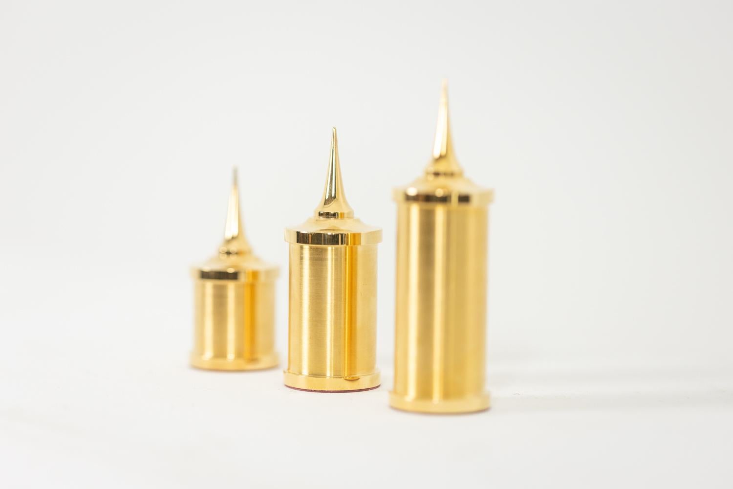 Gilt Set of 3 gilded brass candlesticks. Artisan work. For Sale