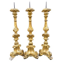 Set Of 3 Gilded Wood Candlesticks, 19th Century