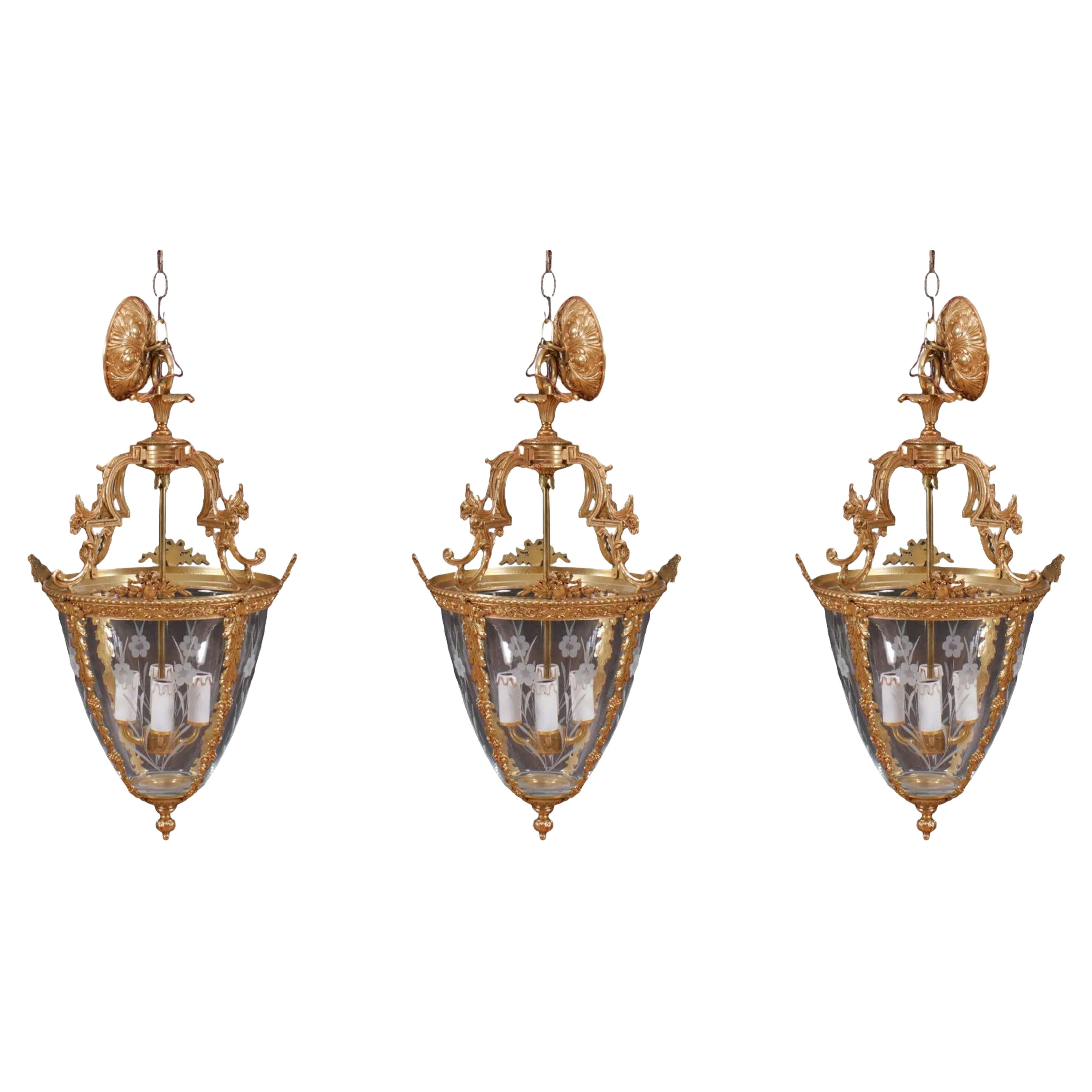 Set of 3 Gilt Bronze and Glass Louis XVI Lanterns For Sale