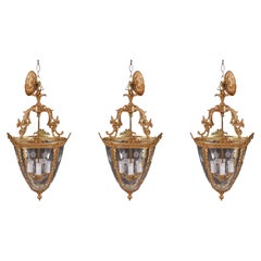 Set of 3 Gilt Bronze and Glass Louis XVI Lanterns