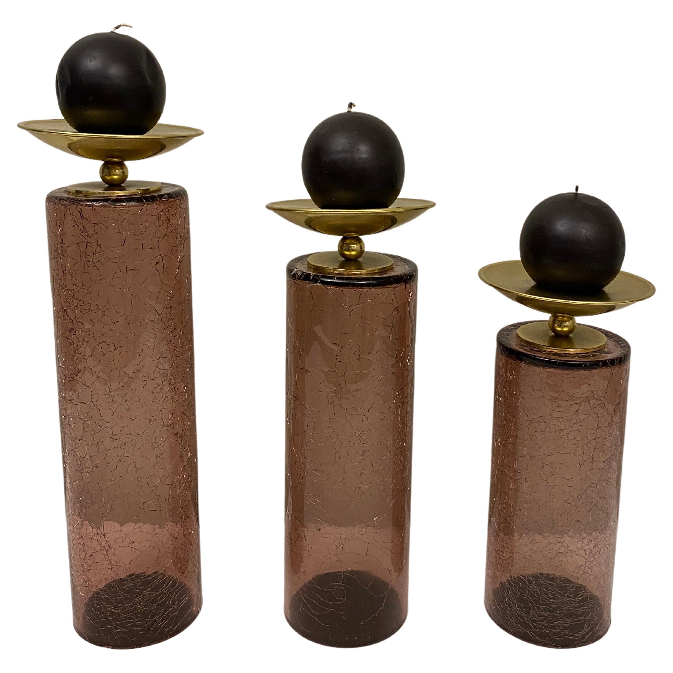 Set of 3 Glass and Brass American Modernist Candleholders, Purple Gold For Sale