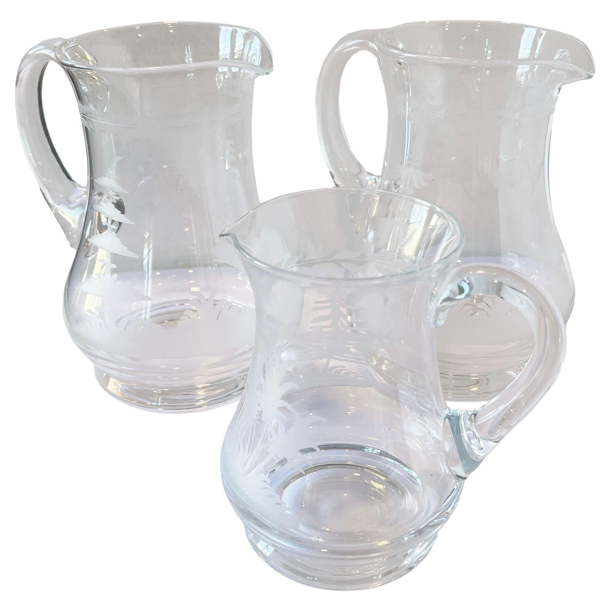 Set of 3 Glass Etched Pitchers from Andre Leon Talley's Private Collection For Sale