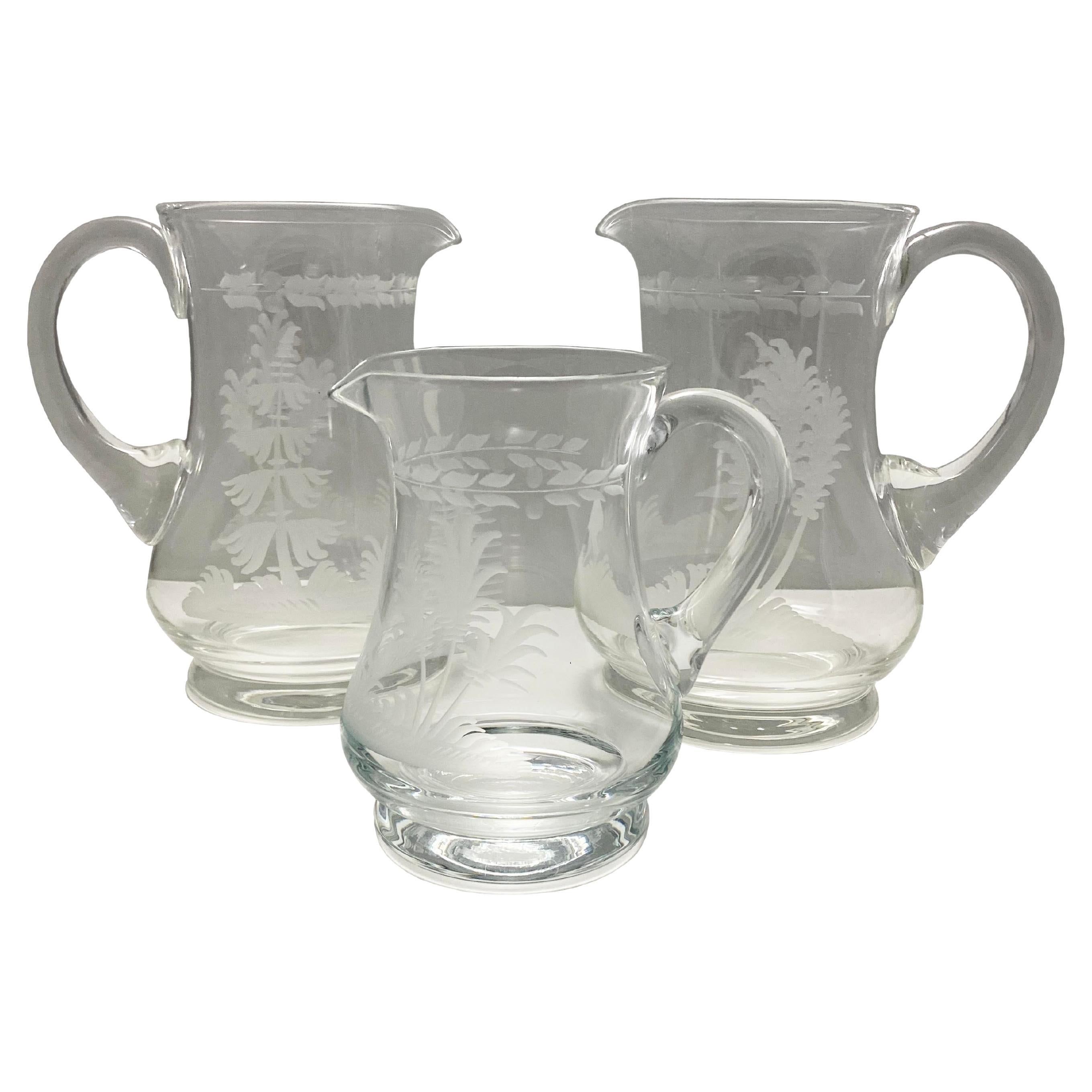 Set of 3 Glass Etched Pitchers from Andre Leon Talley's Private Collection For Sale