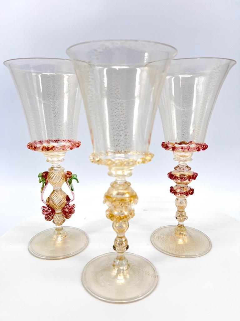 Set of 3 Goblets, Handmade in Murano Art Glass, Collectible and Rare In New Condition For Sale In Venice, VE