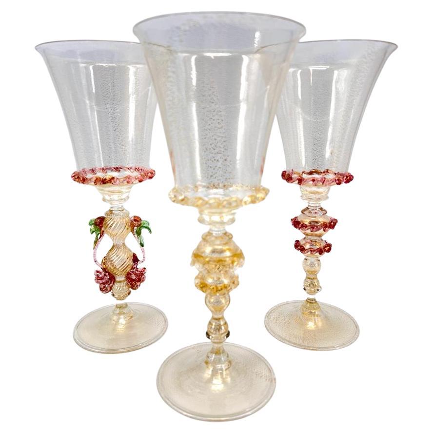 Set of 3 Goblets, Handmade in Murano Art Glass, Collectible and Rare For Sale