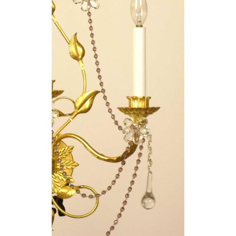 American Set of 3 Gold Leaf and Amethyst Crystal Sconces For Sale