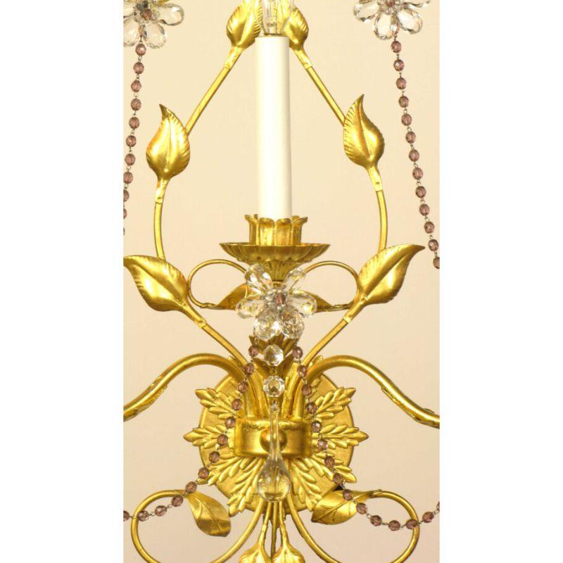 20th Century Set of 3 Gold Leaf and Amethyst Crystal Sconces For Sale