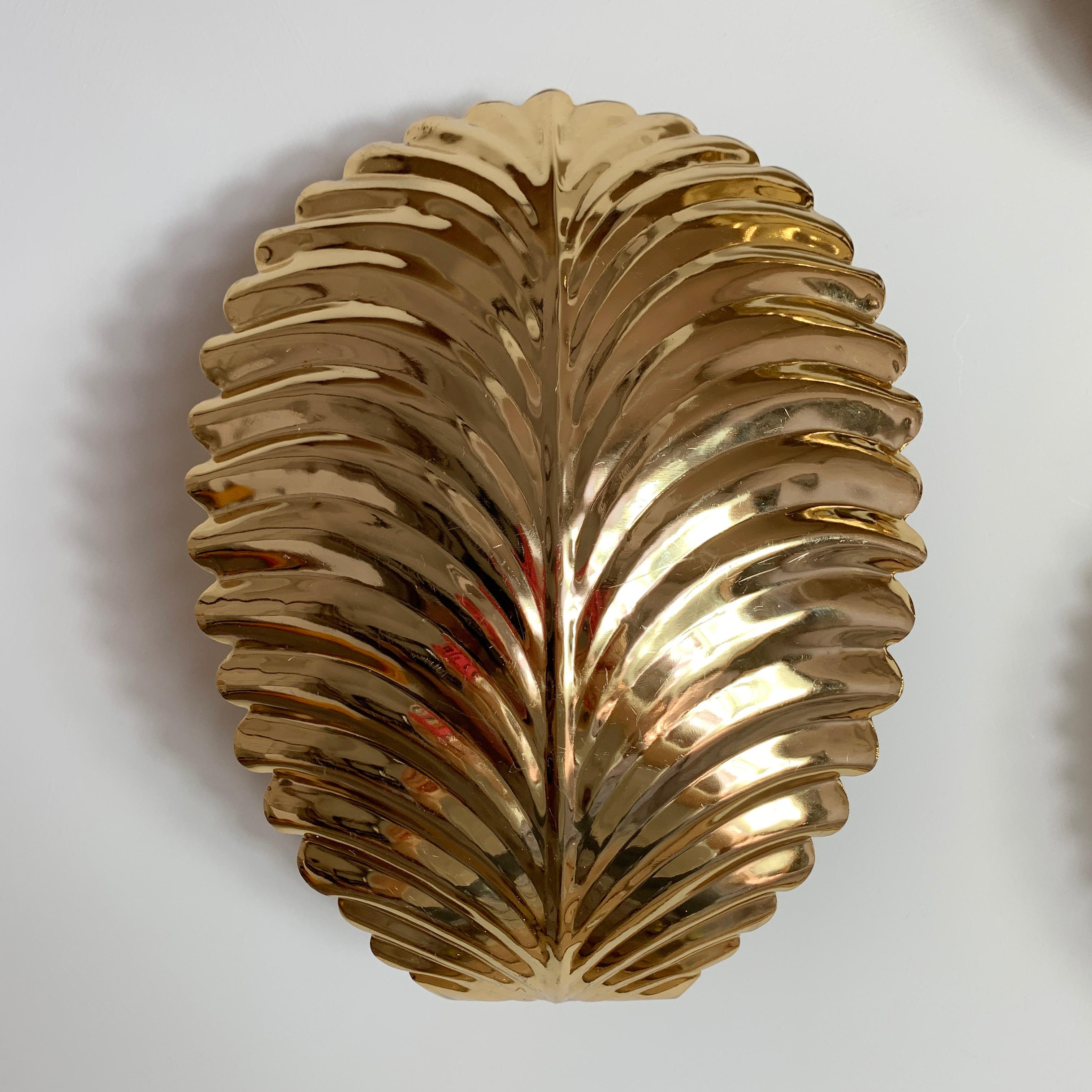 French Set Of 3 Gold Palm Leaf Wall Lights, 1980s