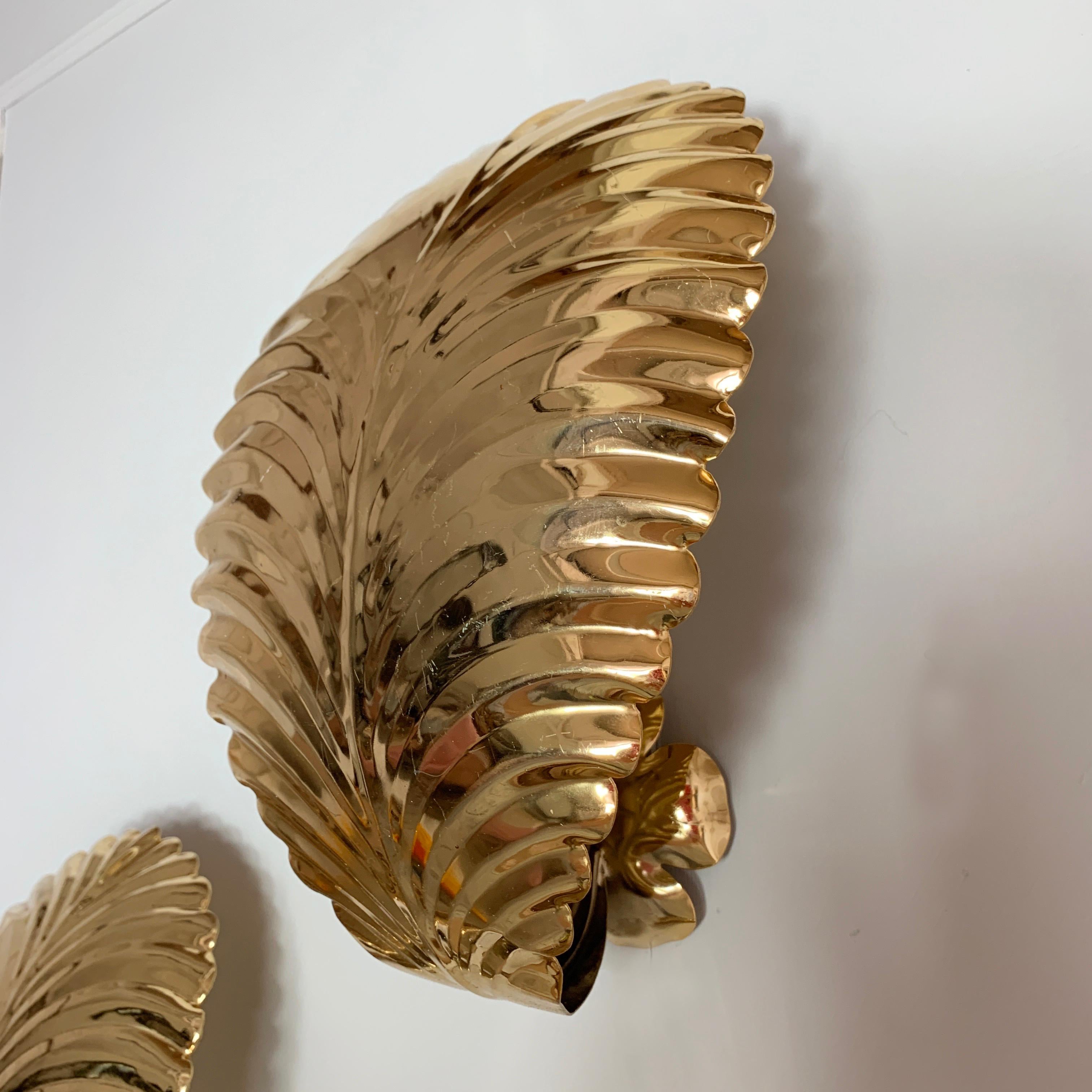 20th Century Set Of 3 Gold Palm Leaf Wall Lights, 1980s