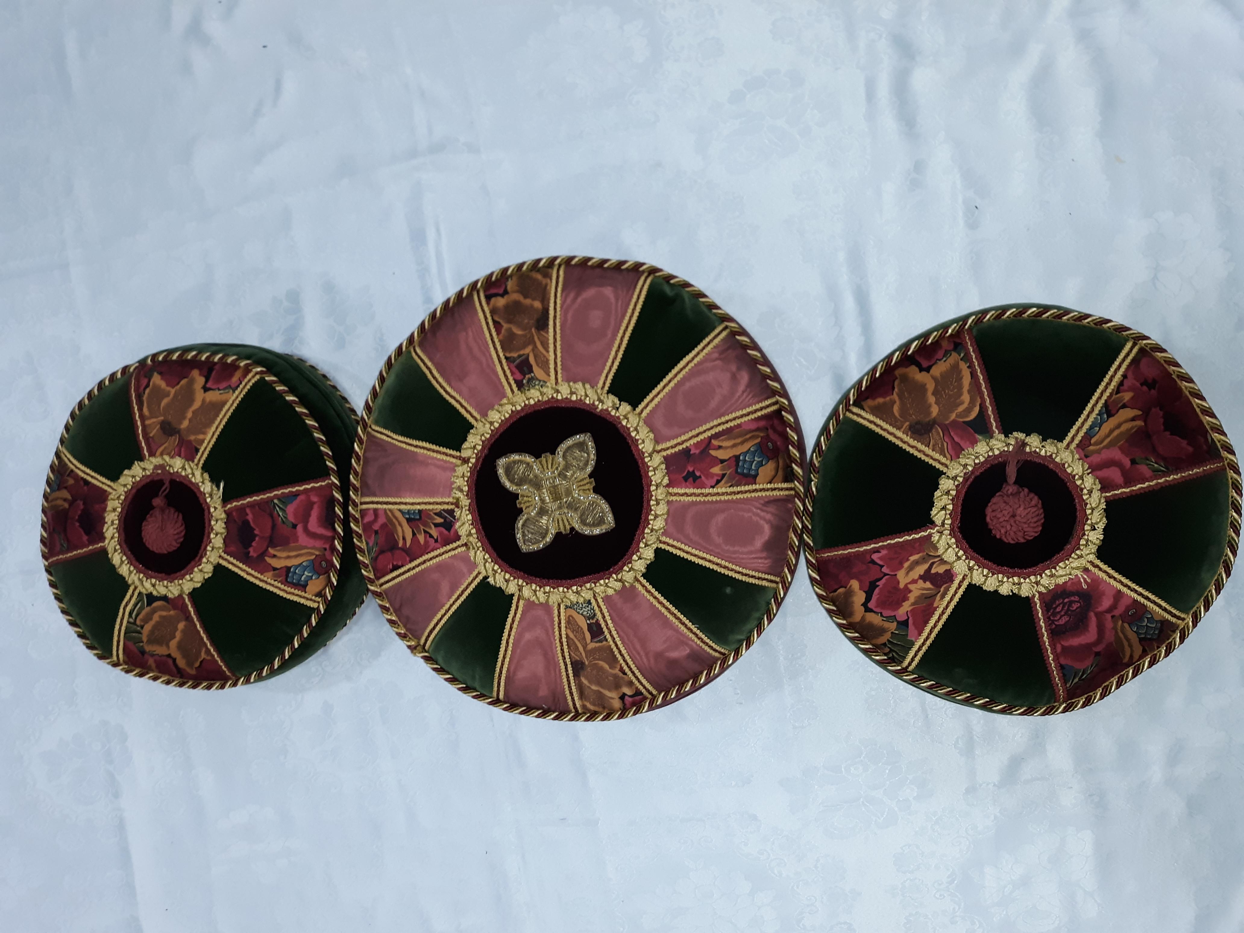 American Set of 3 Gold Thread Antique Embroidered Cushions Est. 1900 Green & Red Velvet For Sale