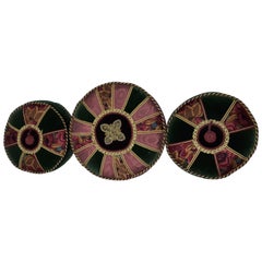 Set of 3 Gold Thread Antique Embroidered Cushions Est. 1900 Green & Red Velvet