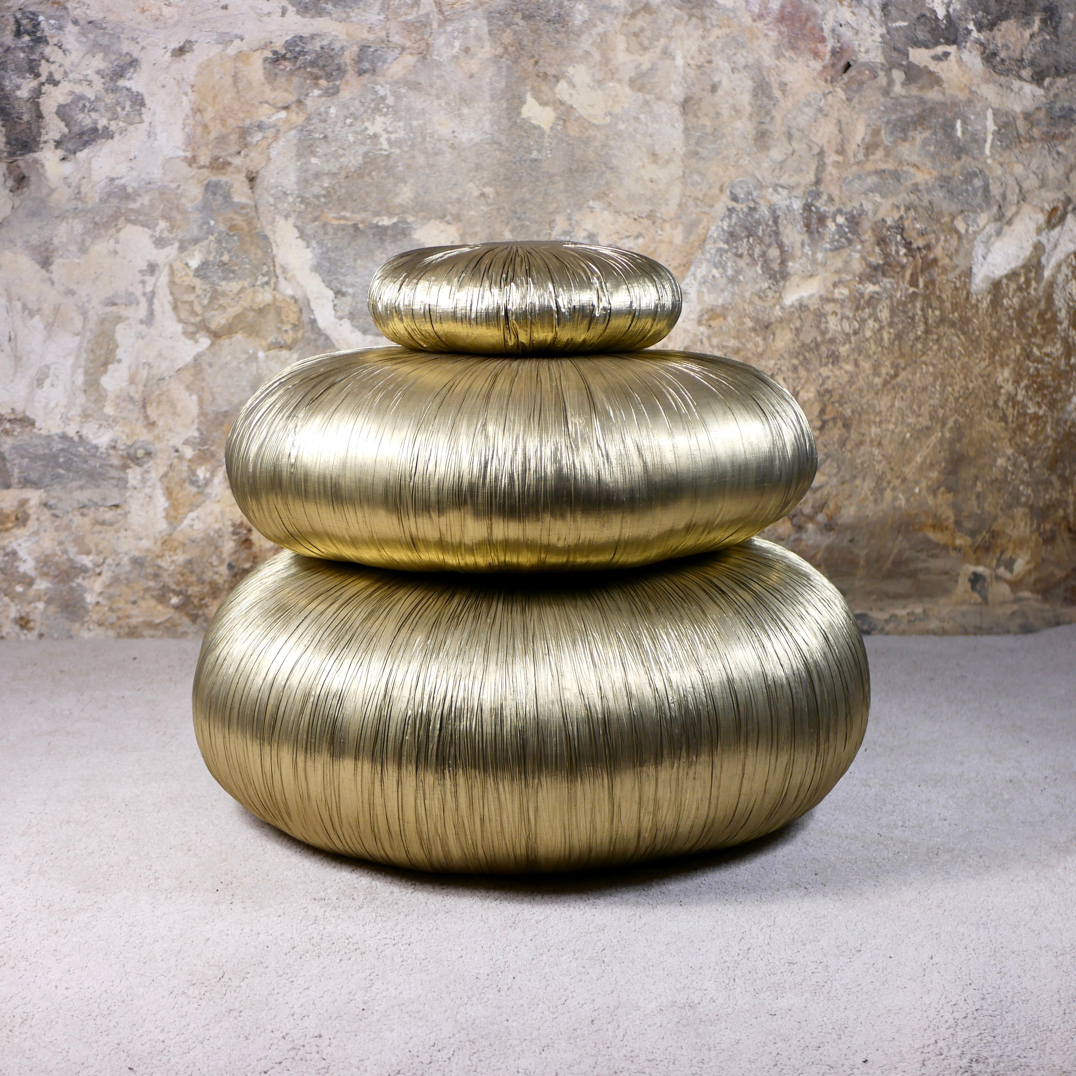 Post-Modern Set of 3 golden poufs by Fremau, made in France, 1980s