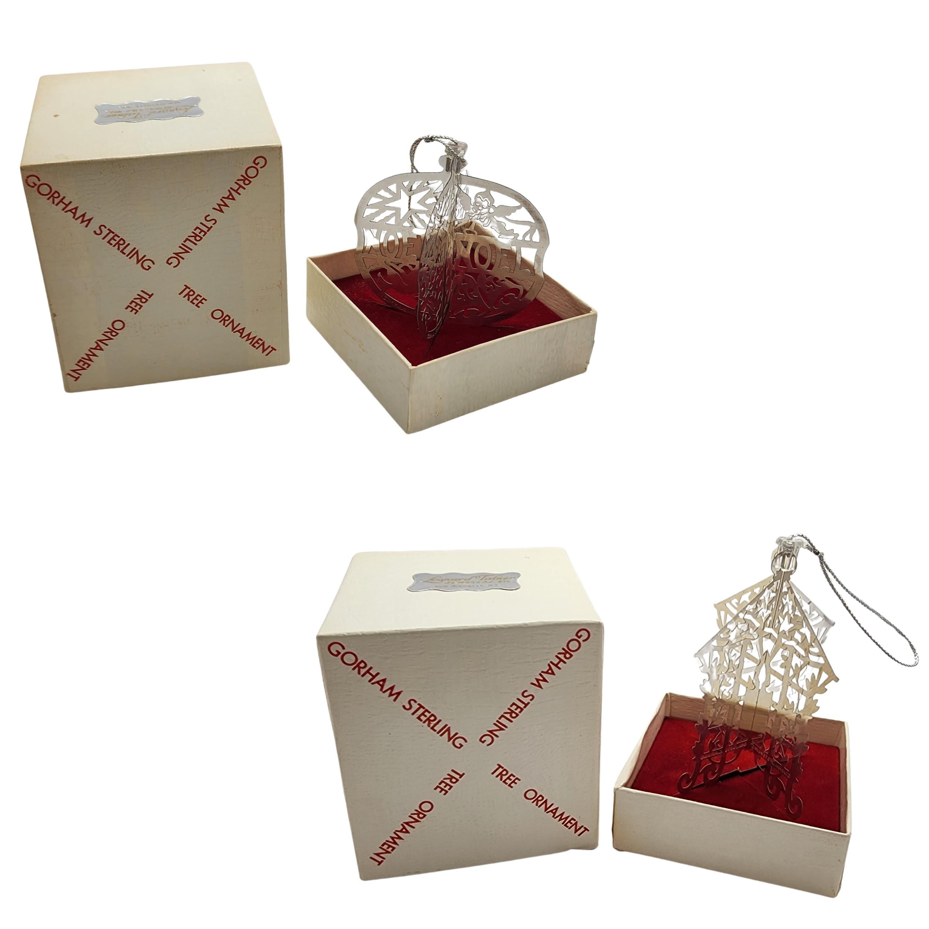 Set of 3 Gorham sterling silver pierced ornaments, with 2 boxes.

From the pierced collection of the 1970s, each ornament features 2 pierced design sterling silver pieces and a top piece with a loop that holds the 2 pieces together to make a 3D