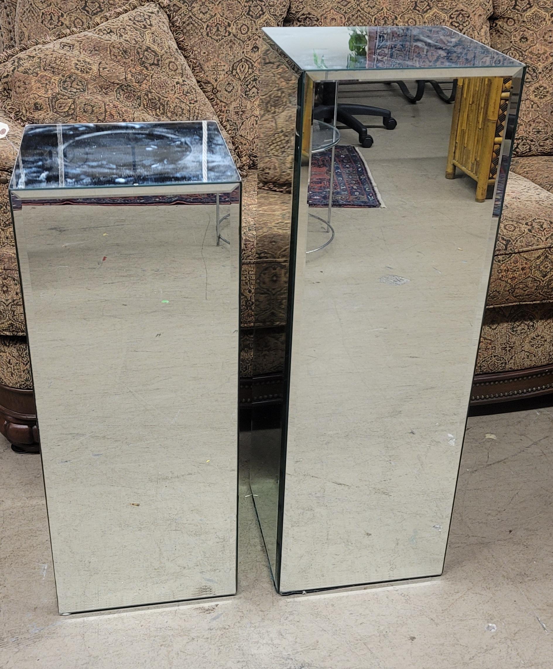 Set of 3 Graduated Modernist Beveled Glass Mirrored Pedestals For Sale 9