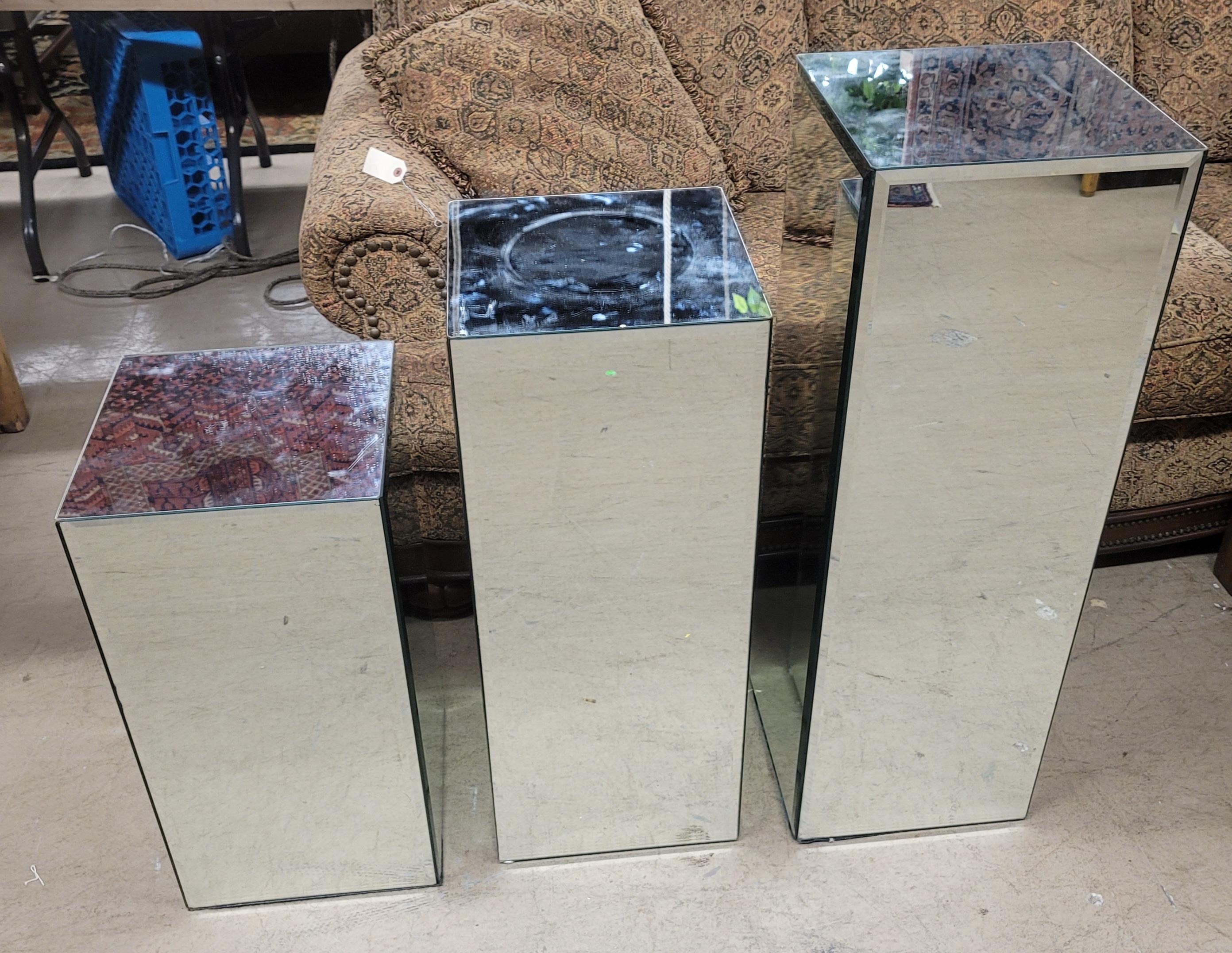 Set of 3 Graduated Modernist Beveled Glass Mirrored Pedestals For Sale 11