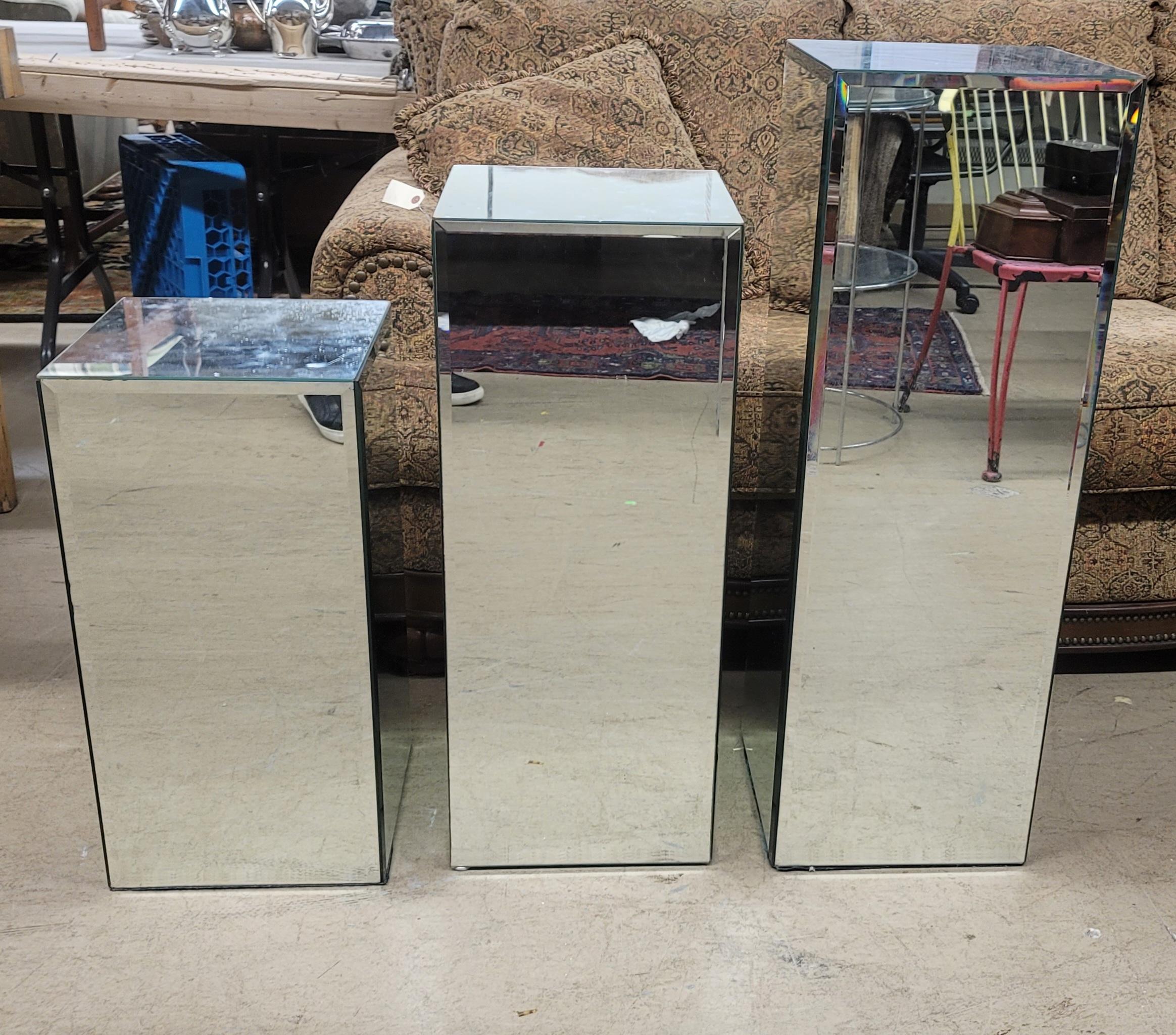 Set of 3 Graduated Modernist Beveled Glass Mirrored Pedestals For Sale 14