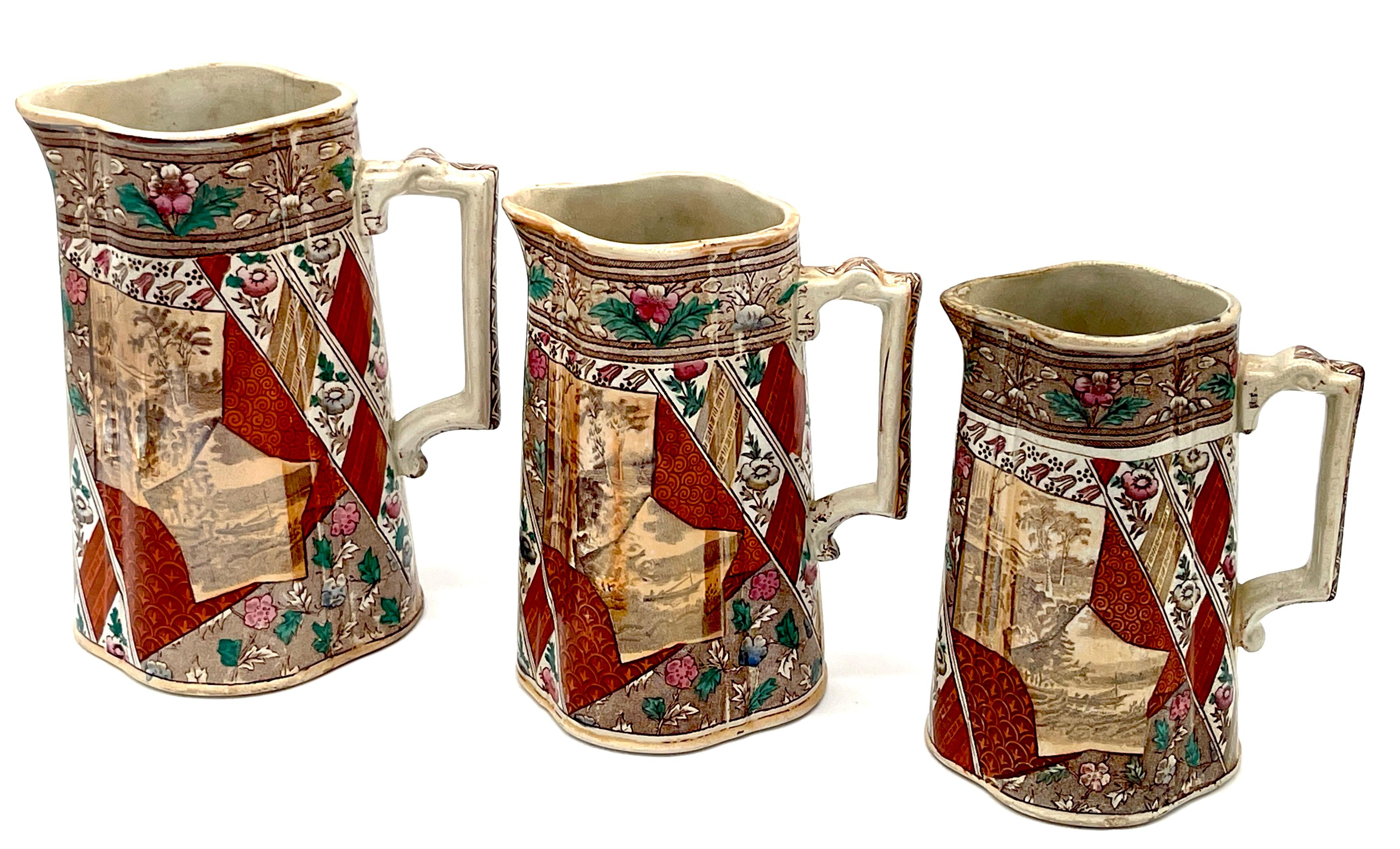 Set of 3 Graduating Scottish Aesthetic 'Views' Ironstone Pitchers, Circa 1875
By D. Methven & Sons

A captivating set of three graduating Scottish aesthetic 'Views' ironstone pitchers, circa 1875, crafted by D. Methven & Sons. These oval-shaped