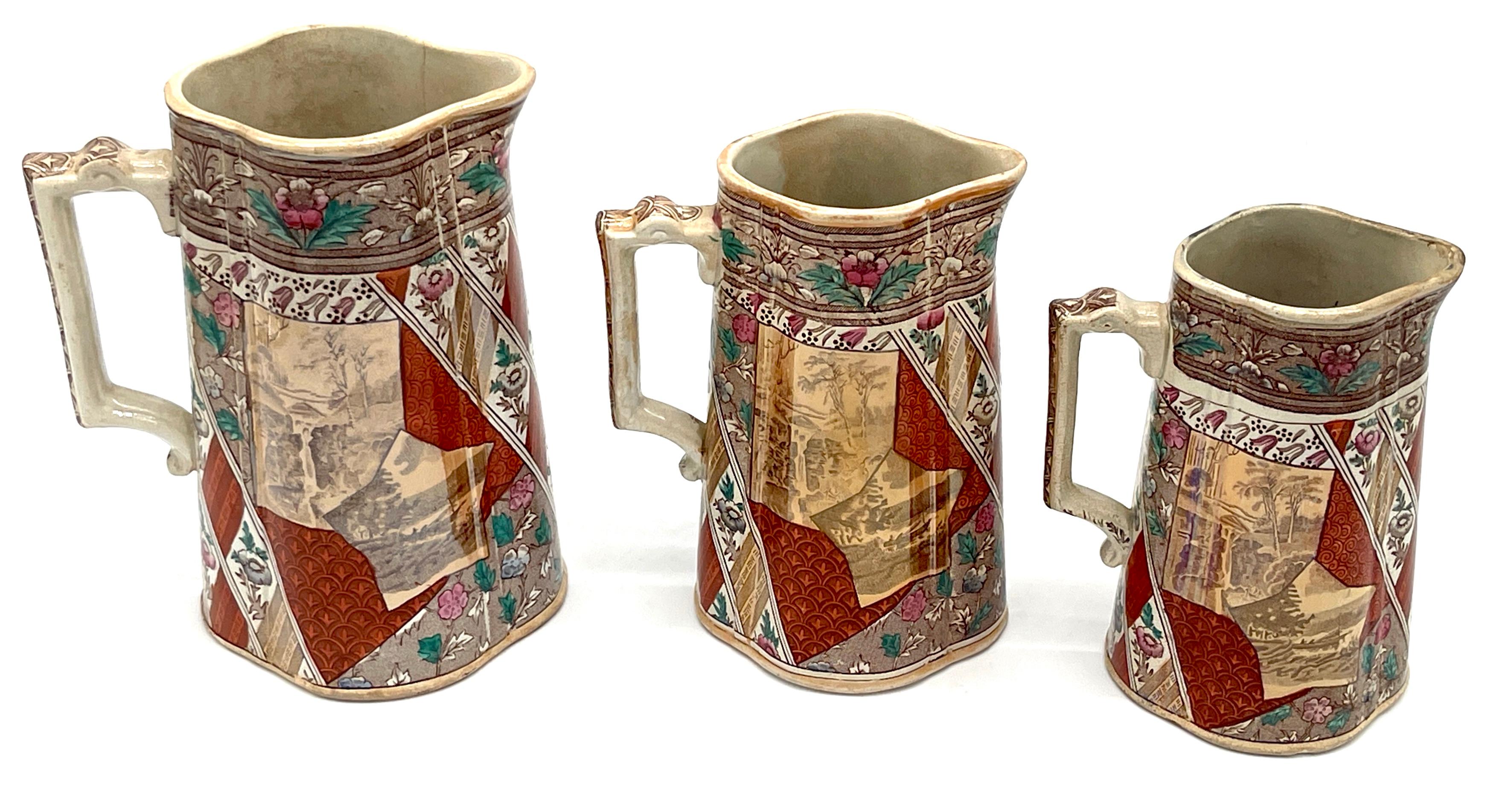 Polychromed Set of 3 Graduating Scottish Aesthetic 'Views' Ironstone Pitchers, Circa 1875  For Sale