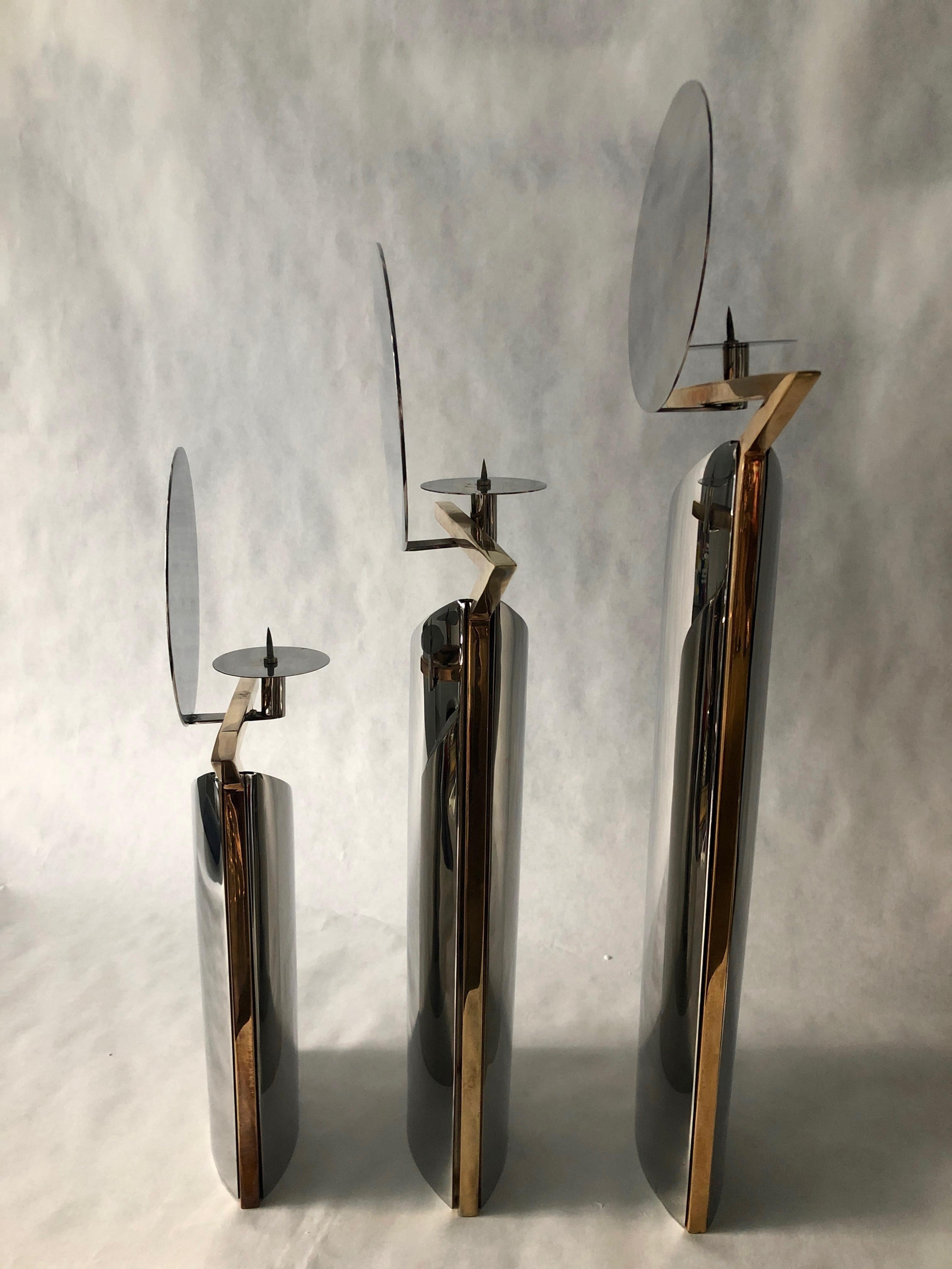 Set of 3 Graduating Size Chrome w Brass Lino Sabattini Style Candlestick Holders For Sale 4