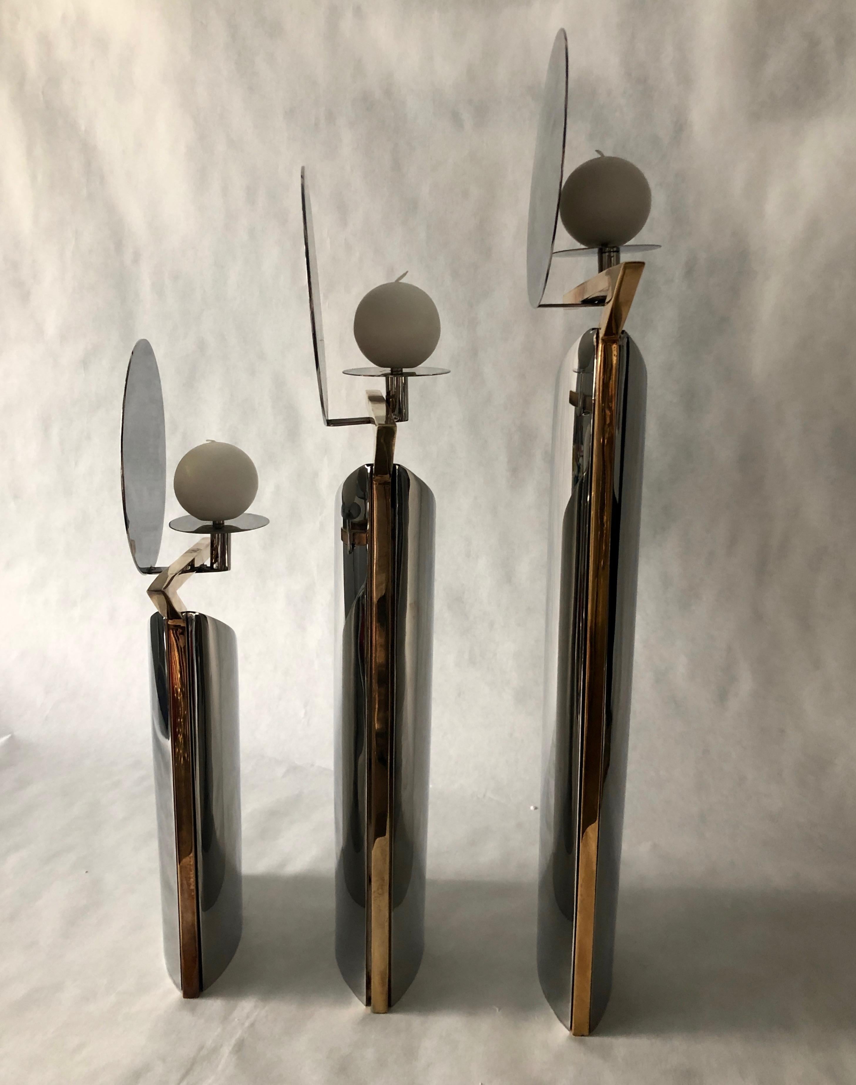Set of 3 Graduating Size Chrome w Brass Lino Sabattini Style Candlestick Holders For Sale 7