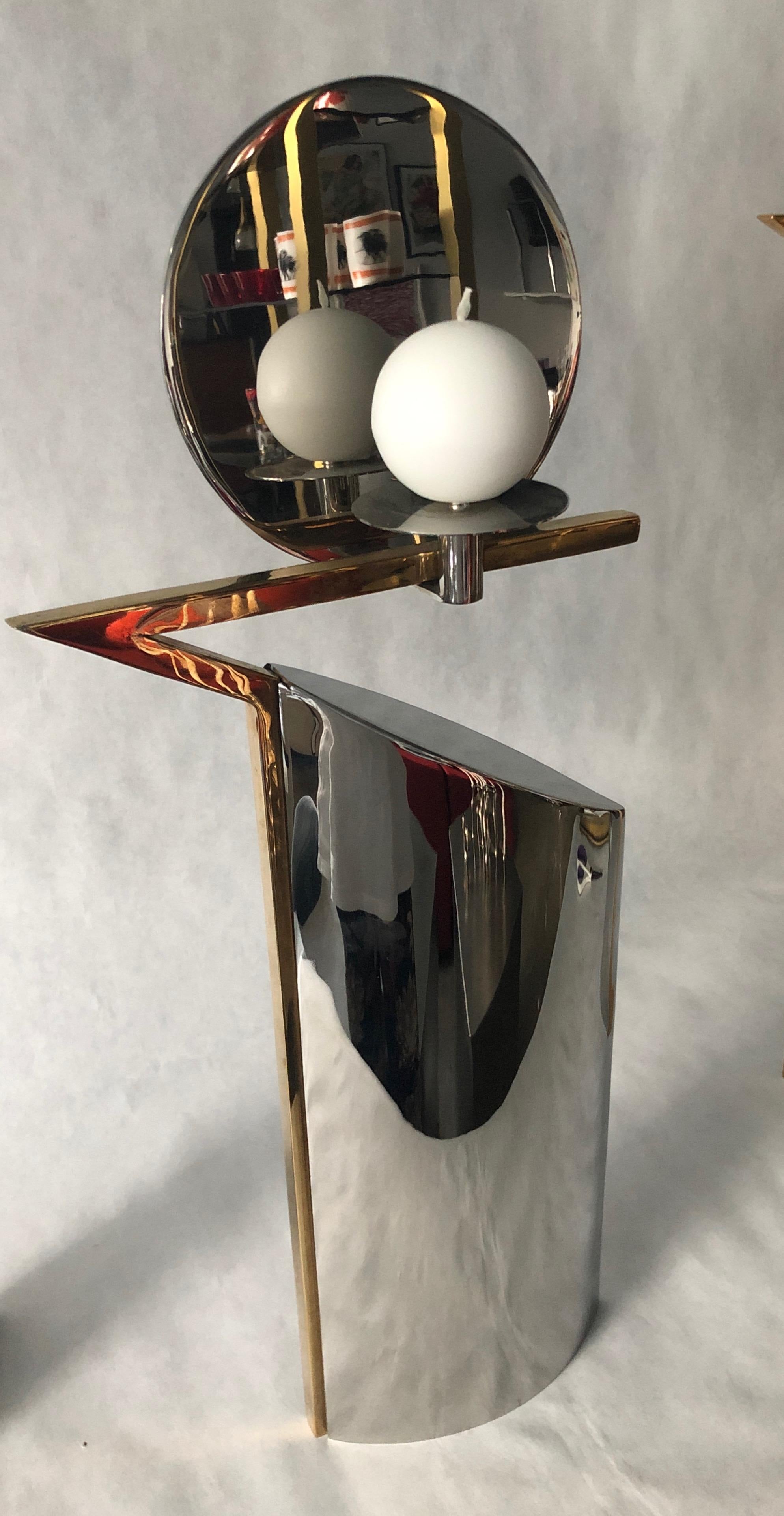 Set of 3 Graduating Size Chrome w Brass Lino Sabattini Style Candlestick Holders For Sale 2