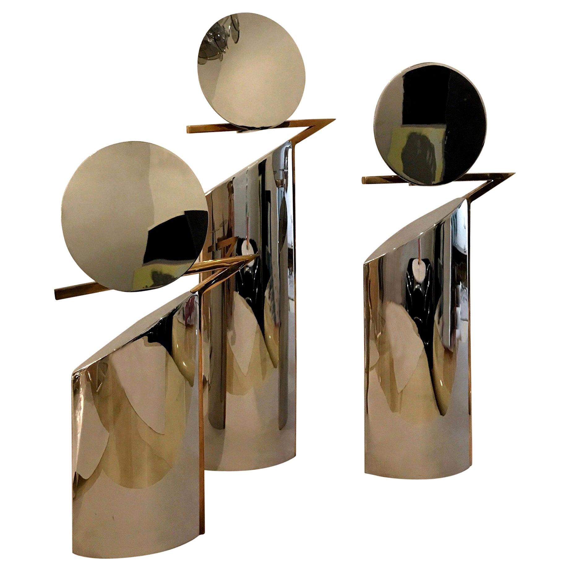 Set of 3 Graduating Size Chrome w Brass Lino Sabattini Style Candlestick Holders For Sale