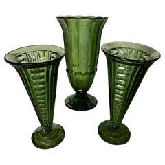 Set of 3 green Luxval  Val Saint Lambert vases