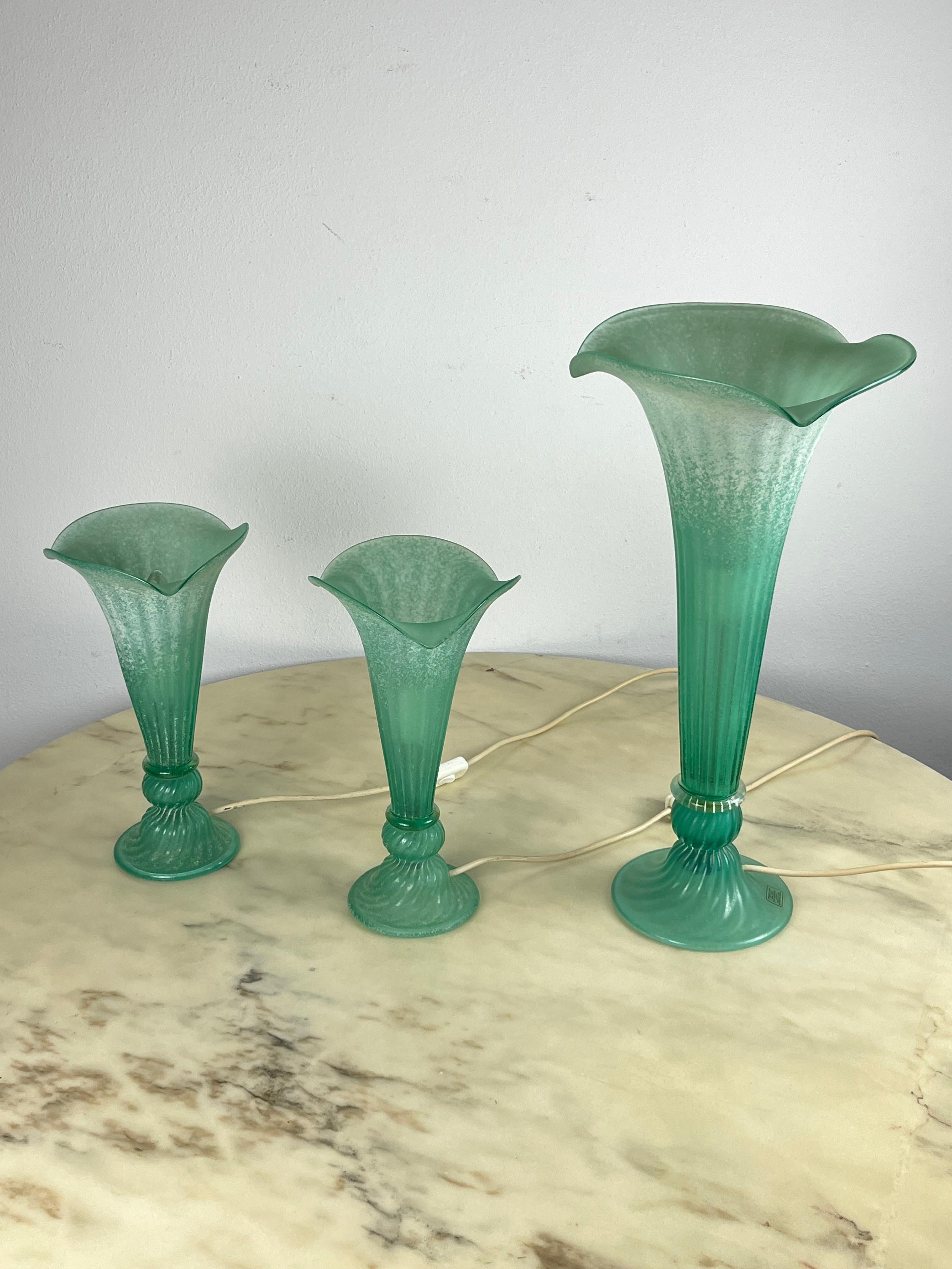 Set of 3 Green Murano Glass Lamps Italian Design  1980s. For Sale 7