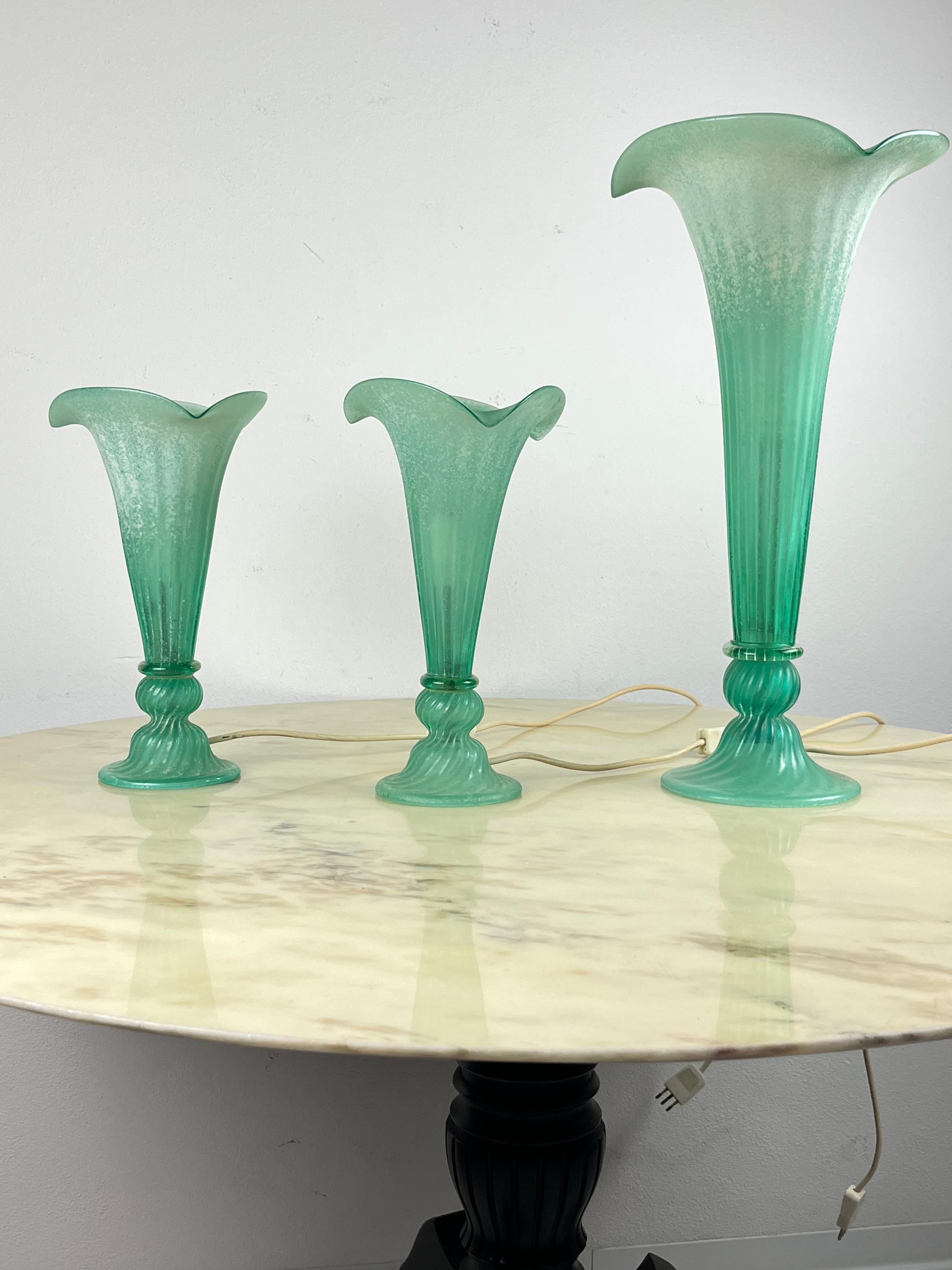 Set of 3 Green Murano Glass Lamps Italian Design  1980s. For Sale 8