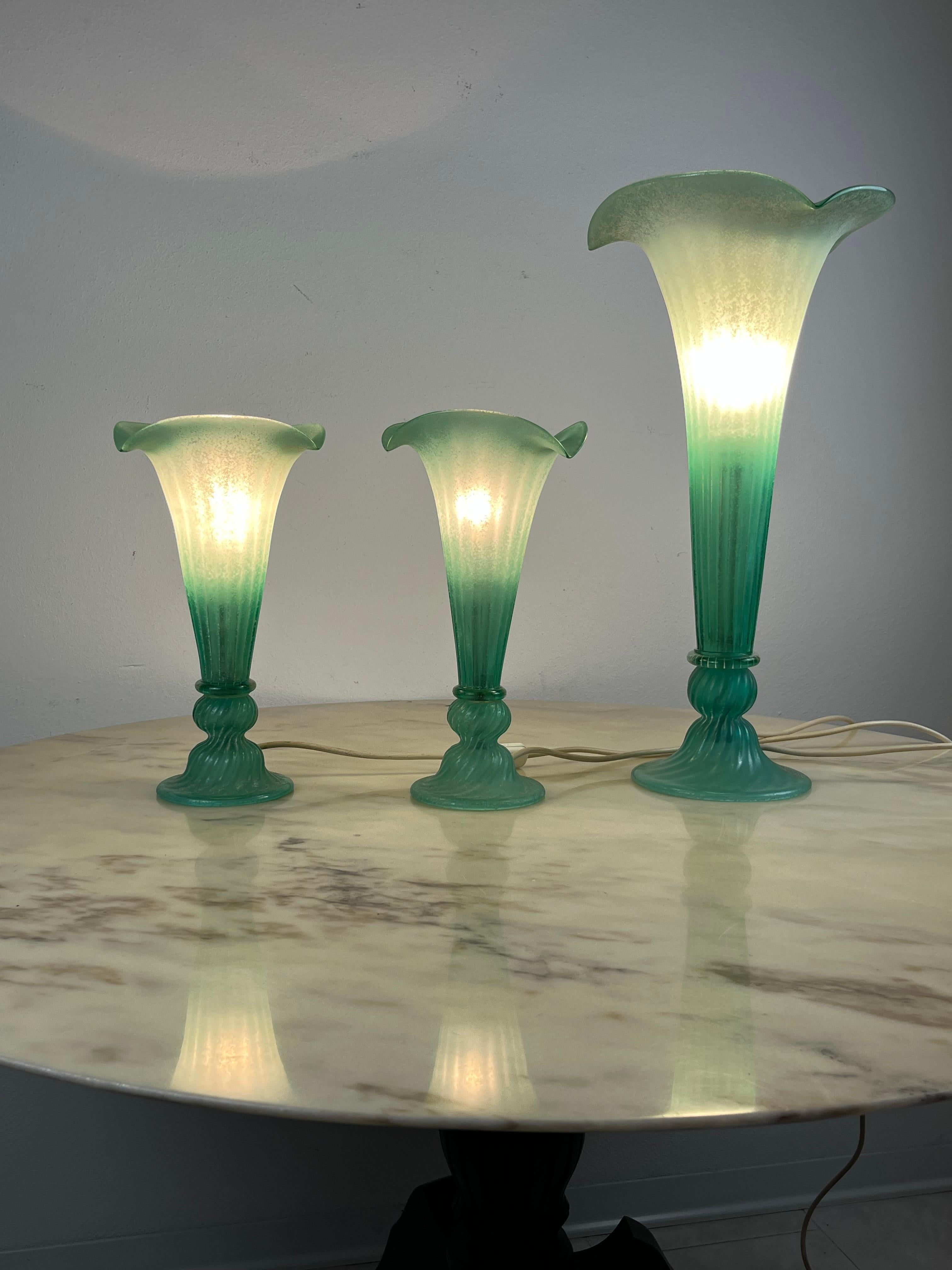 Ensemble de 3 lampes vertes en verre de Murano de conception italienne  1980s. en vente 8