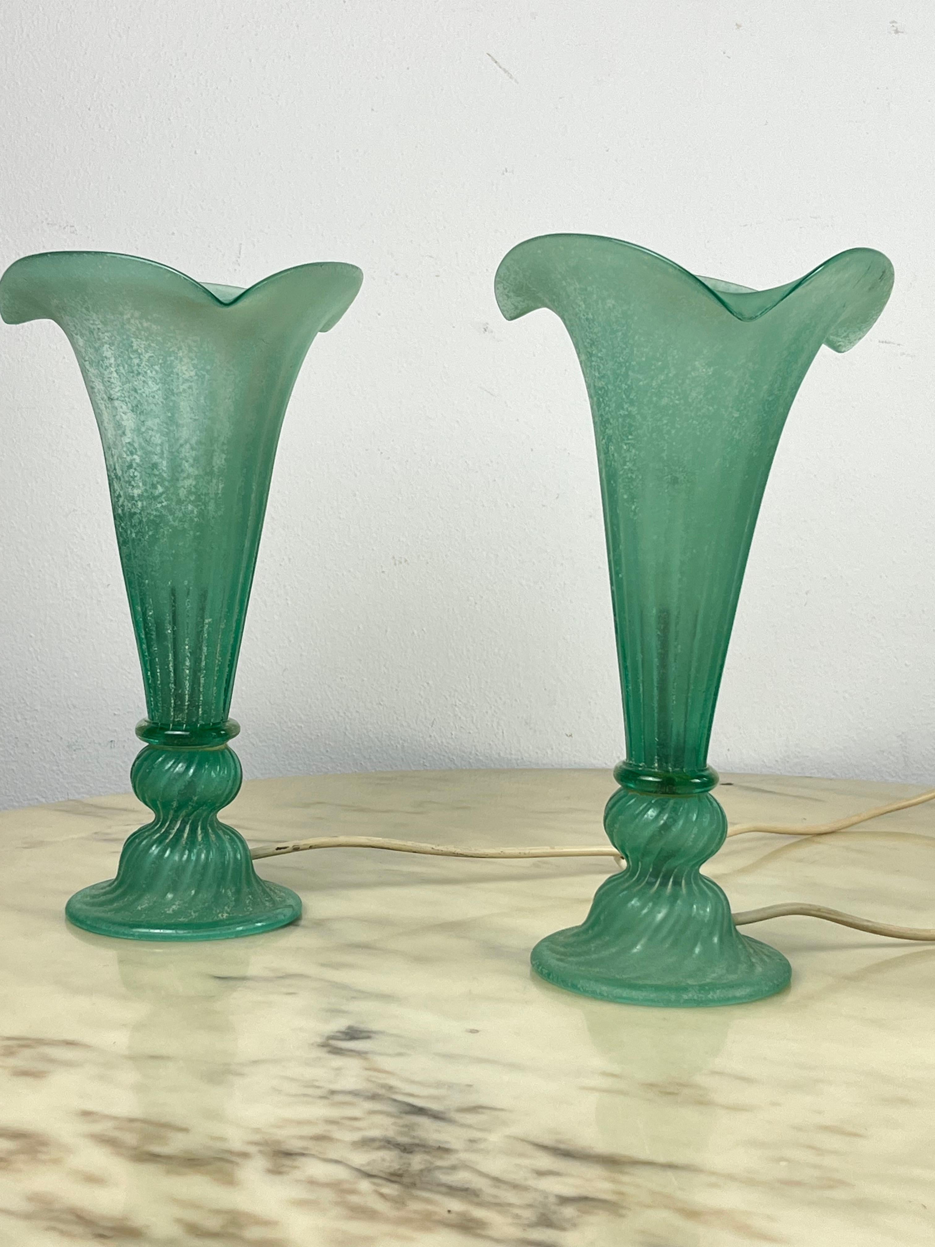 Set of 3 Green Murano Glass Lamps Italian Design  1980s. In Excellent Condition For Sale In Palermo, IT