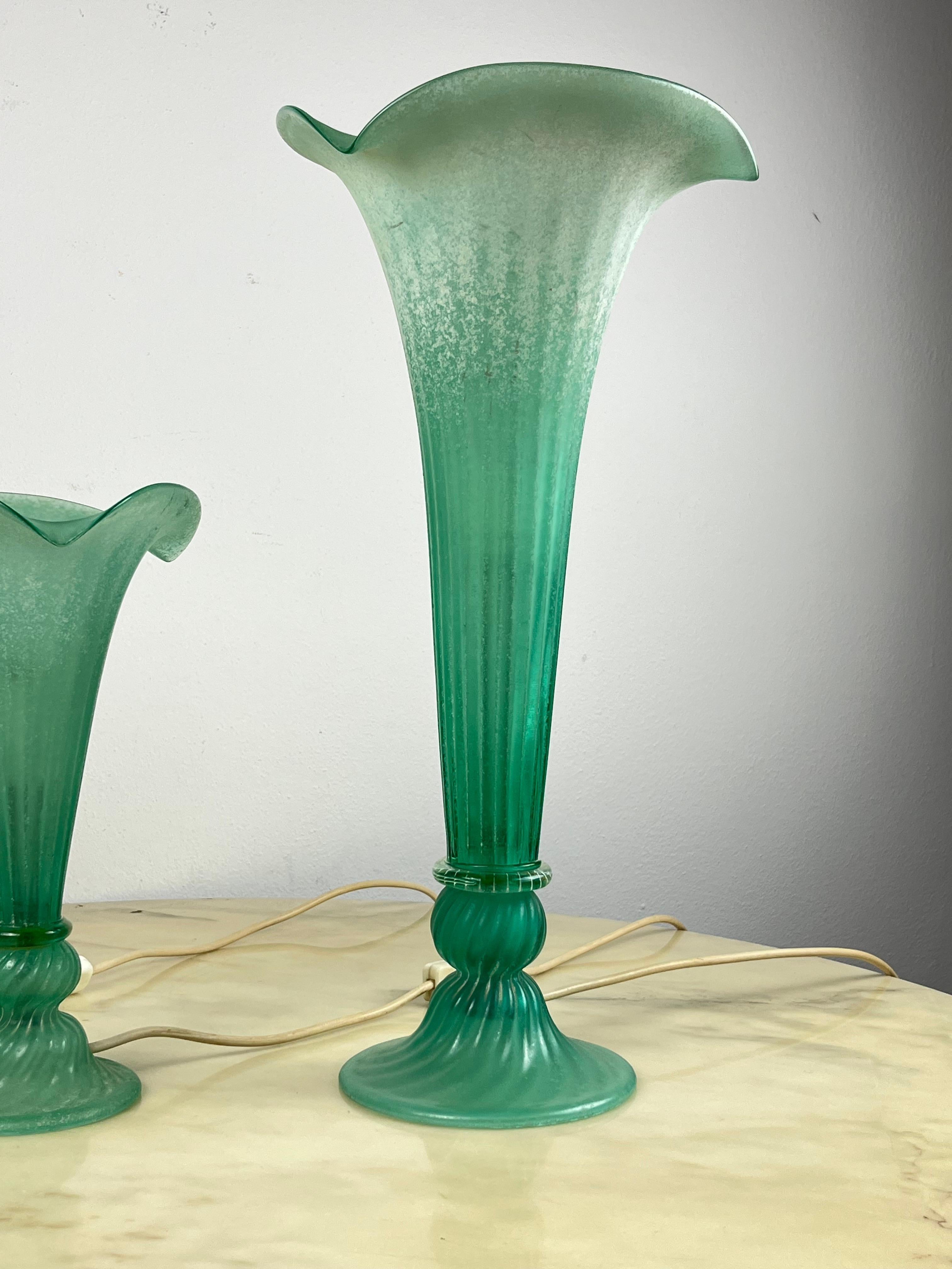 Late 20th Century Set of 3 Green Murano Glass Lamps Italian Design  1980s. For Sale