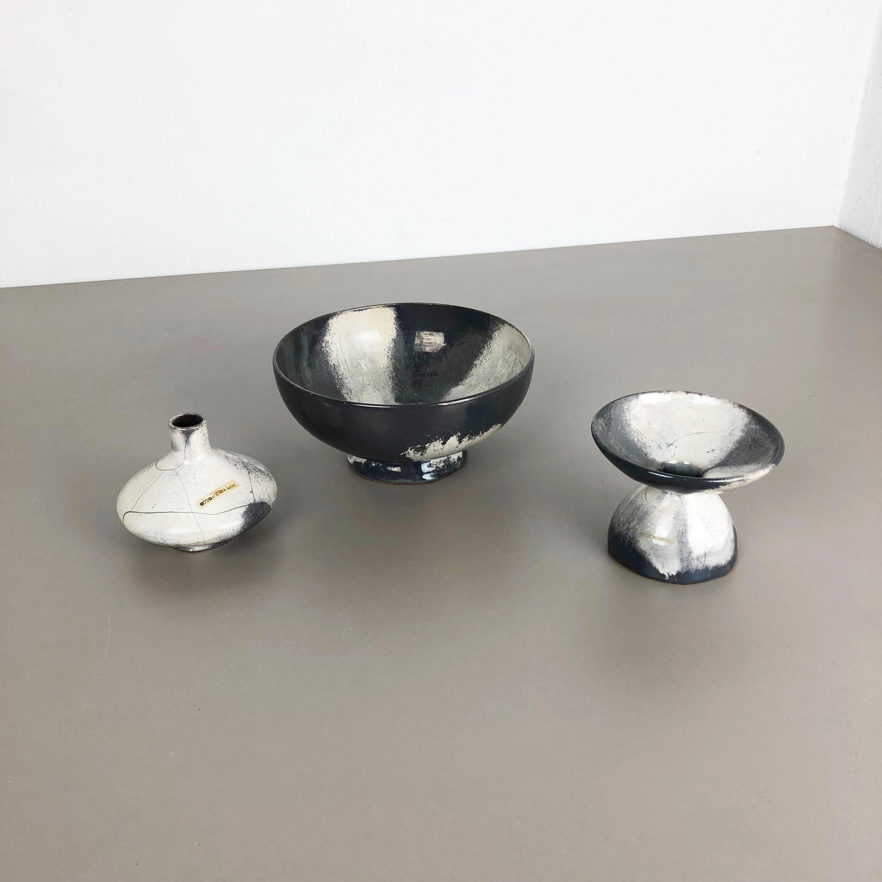 Mid-Century Modern Set of 3 Grey Ceramic Studio Pottery Vase Objects by Otto Keramik, Germany 1980s For Sale