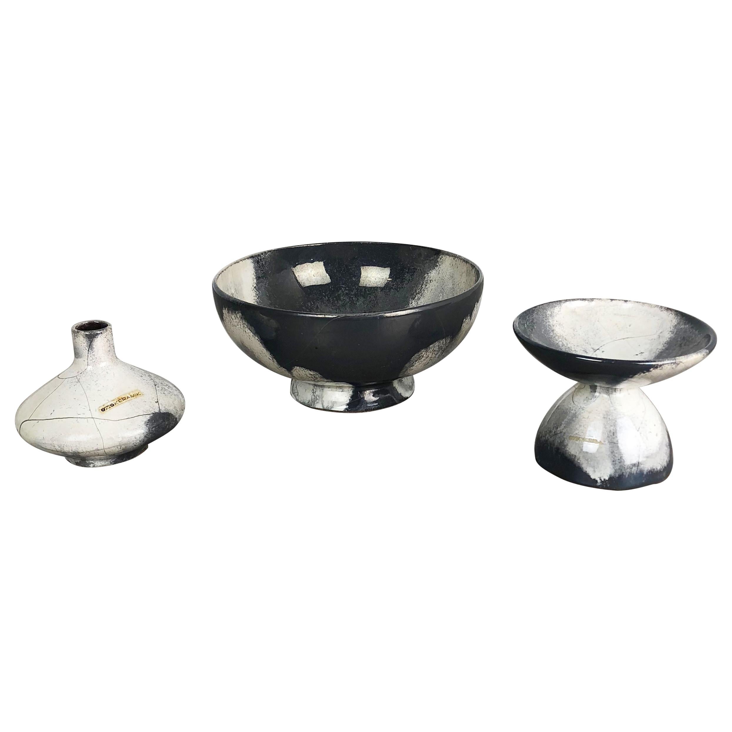 Set of 3 Grey Ceramic Studio Pottery Vase Objects by Otto Keramik, Germany 1980s
