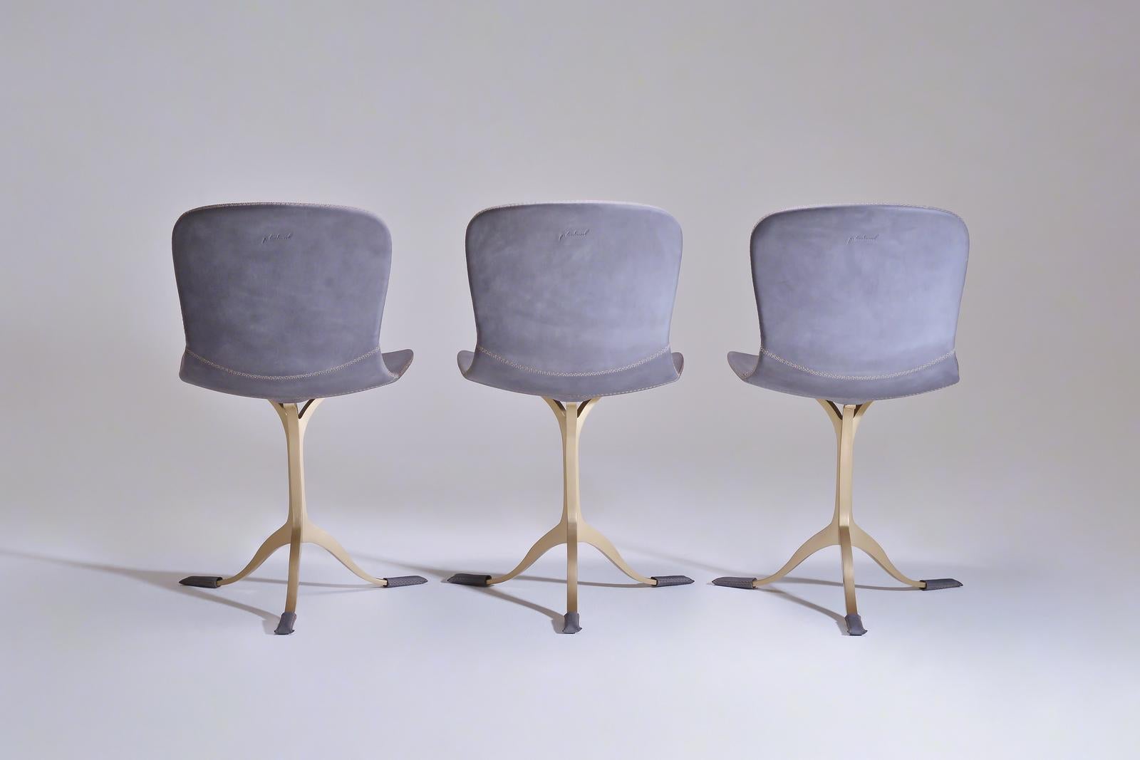 Mid-Century Modern Set of 3 Grey Leather and Golden Sand Cast Brass Chair For Sale