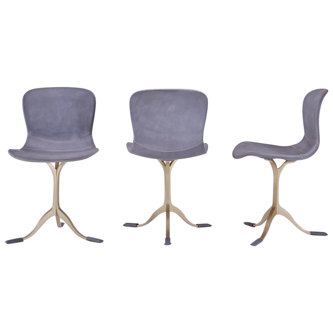 Set of 3 Grey Leather and Golden Sand Cast Brass Chair For Sale