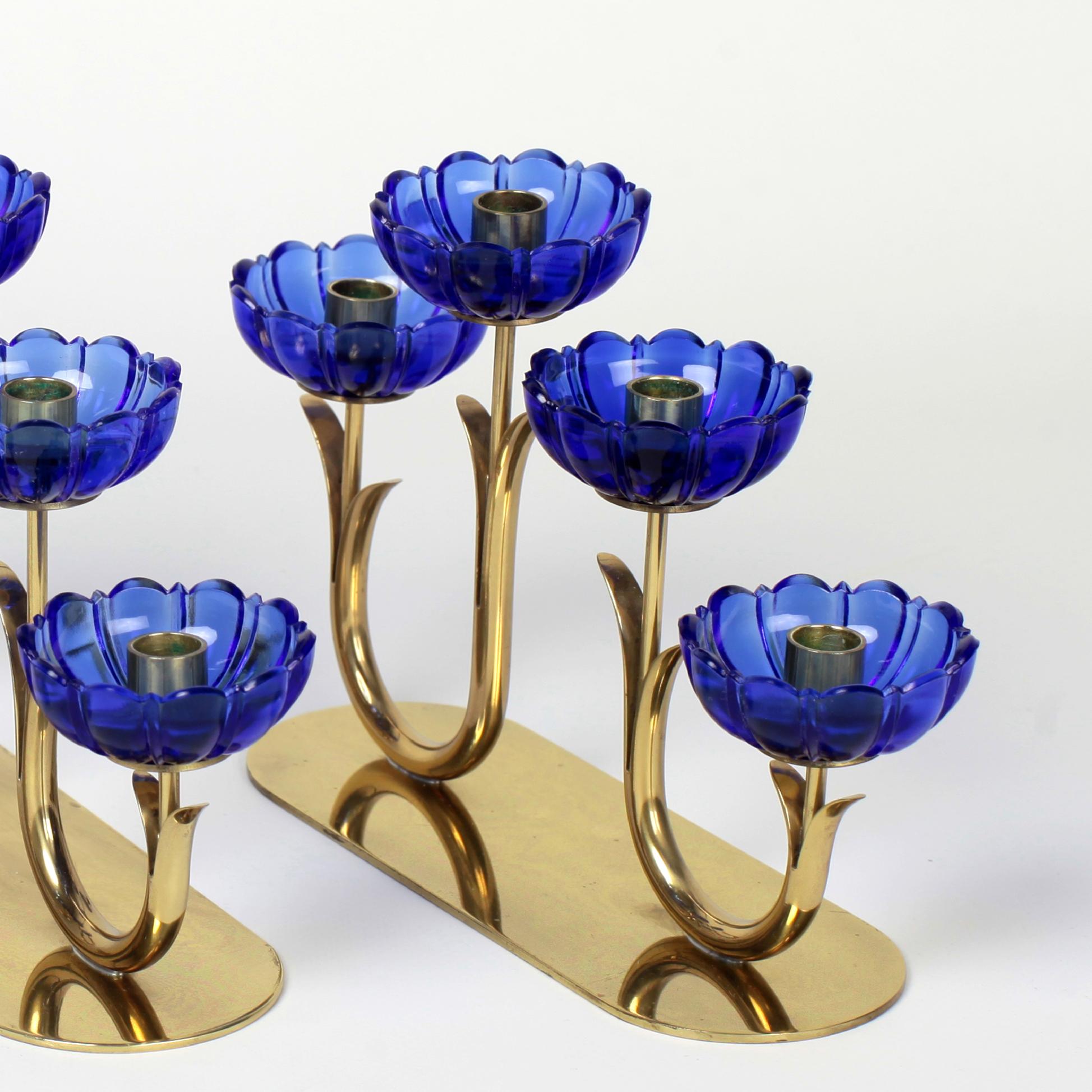 Set of 3 Gunnar Ander Brass and Glass Flowers Candleholder Ystad Metall, Sweden 5