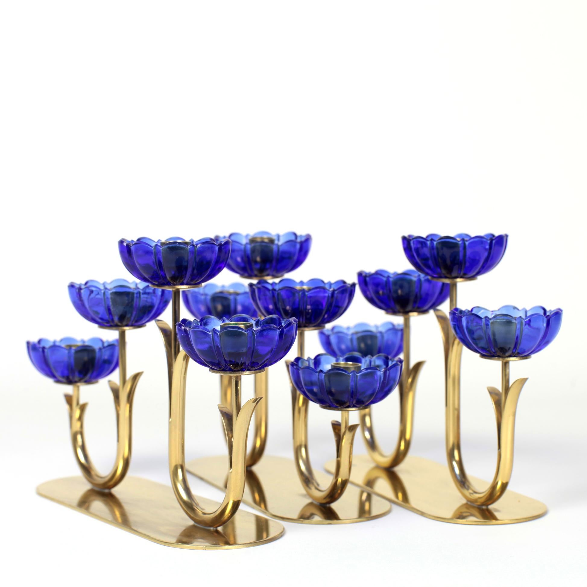 Scandinavian Modern Set of 3 Gunnar Ander Brass and Glass Flowers Candleholder Ystad Metall, Sweden