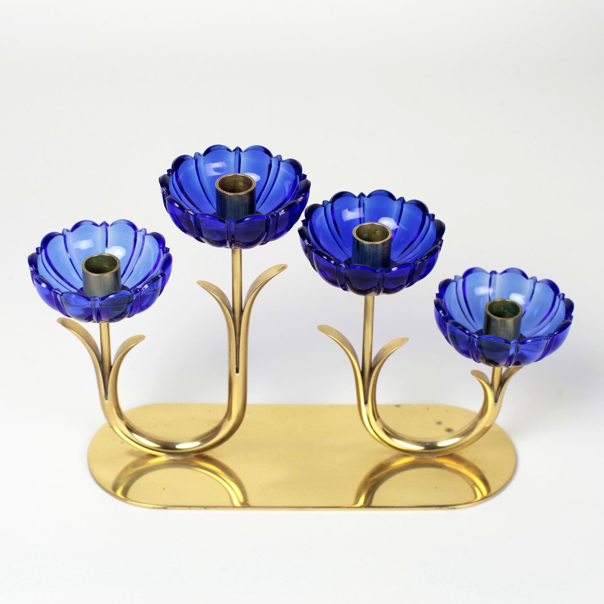 Mid-20th Century Set of 3 Gunnar Ander Brass and Glass Flowers Candleholder Ystad Metall, Sweden