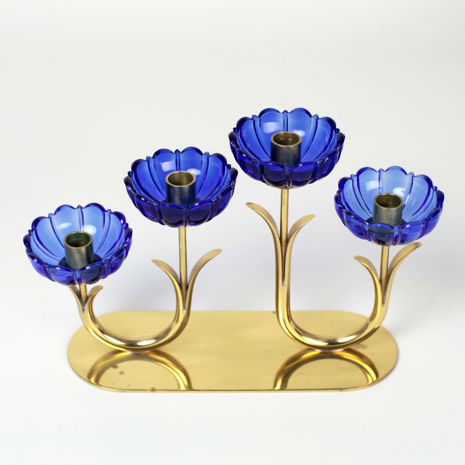 Set of 3 Gunnar Ander Brass and Glass Flowers Candleholder Ystad Metall, Sweden 1