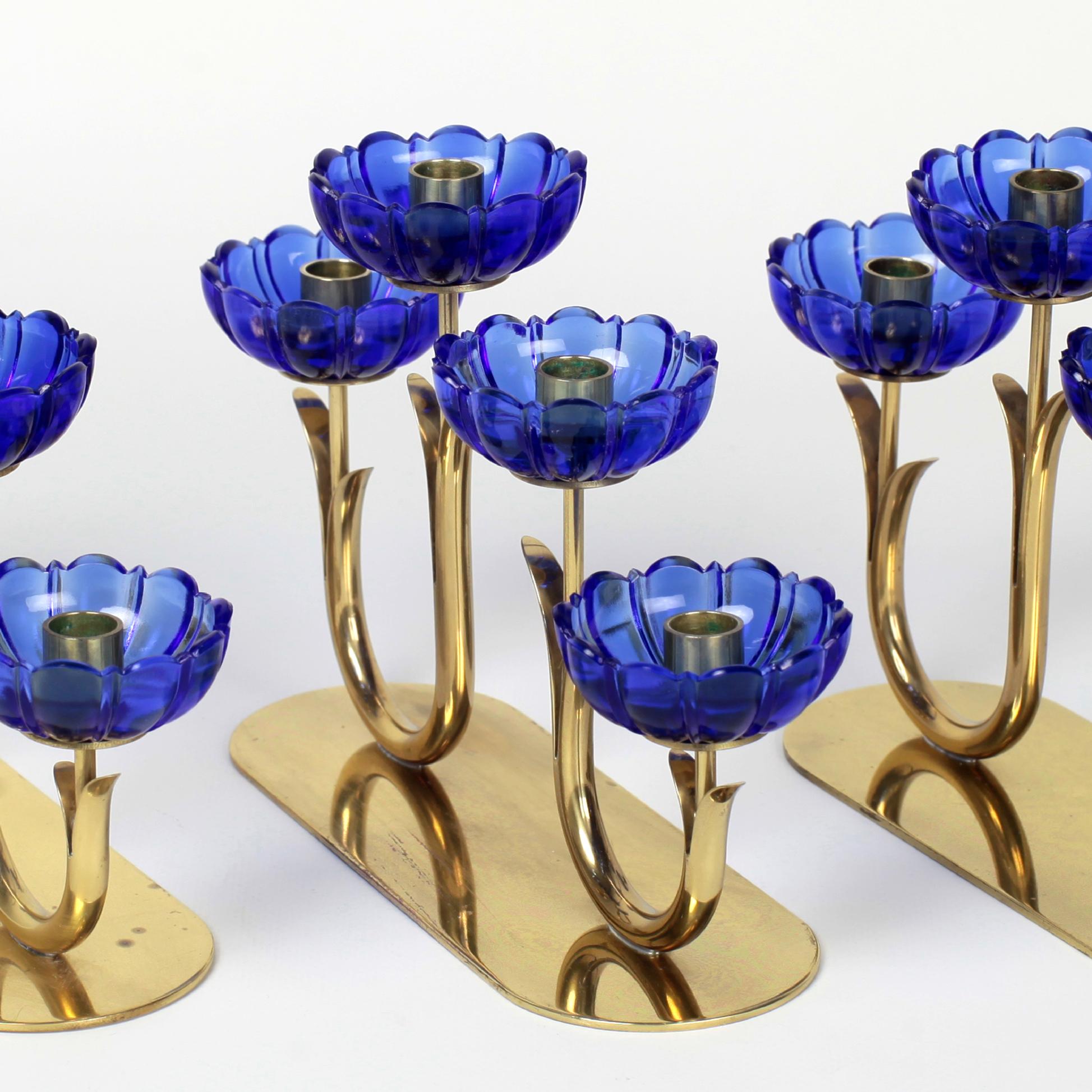 Set of 3 Gunnar Ander Brass and Glass Flowers Candleholder Ystad Metall, Sweden 2