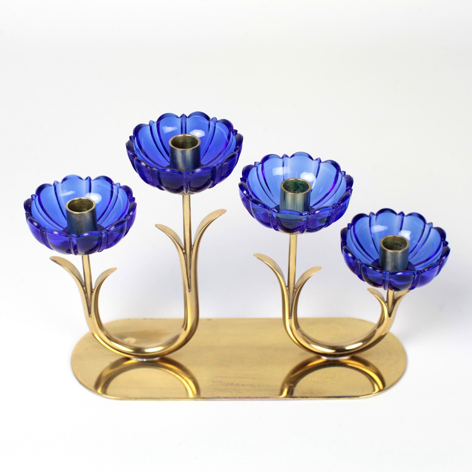 Set of 3 Gunnar Ander Brass and Glass Flowers Candleholder Ystad Metall, Sweden 3