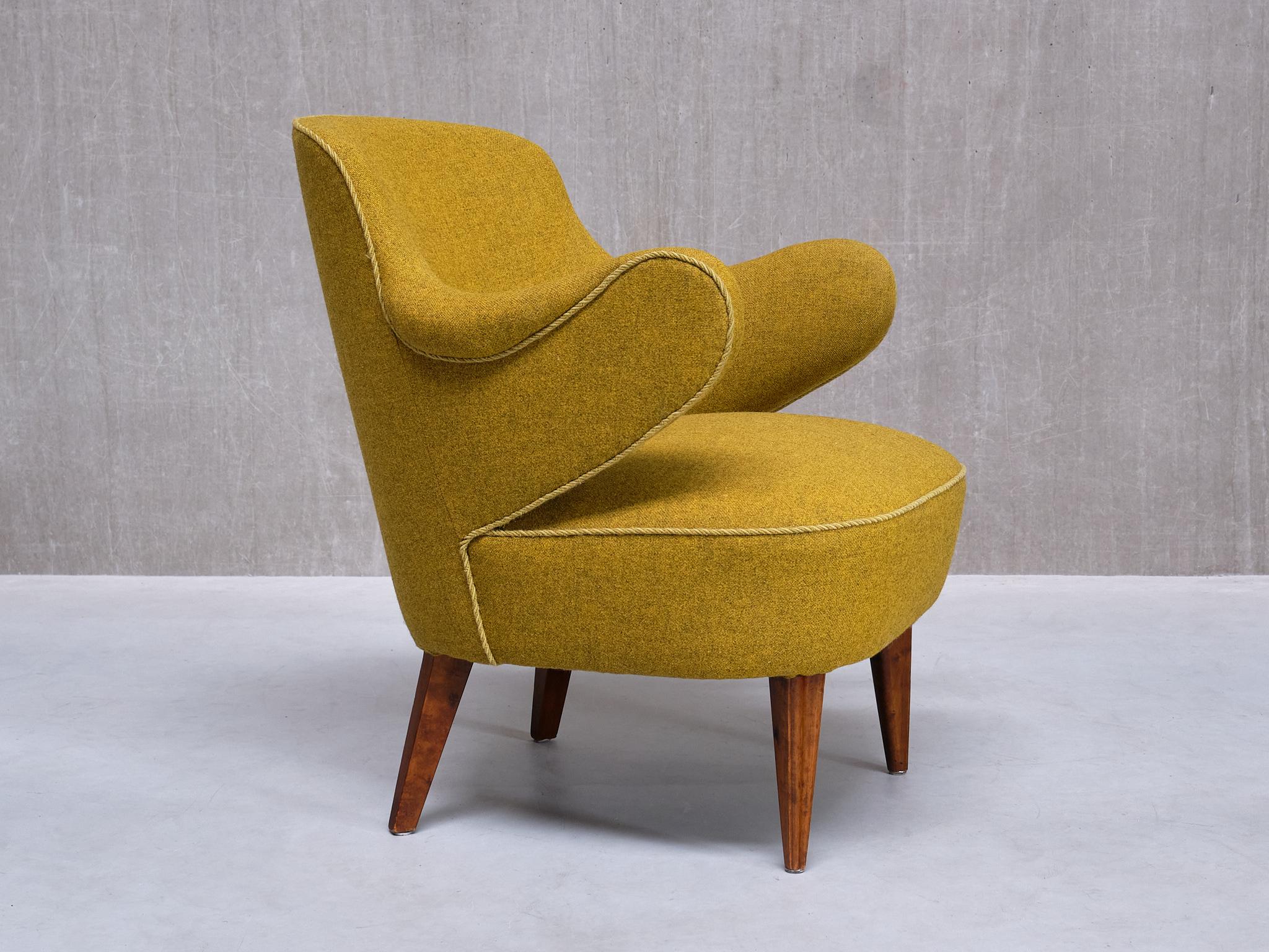 Set of 3 Gustaf Axel Berg Attributed Armchairs, Birch and Chartreuse Wool, 1940s For Sale 5