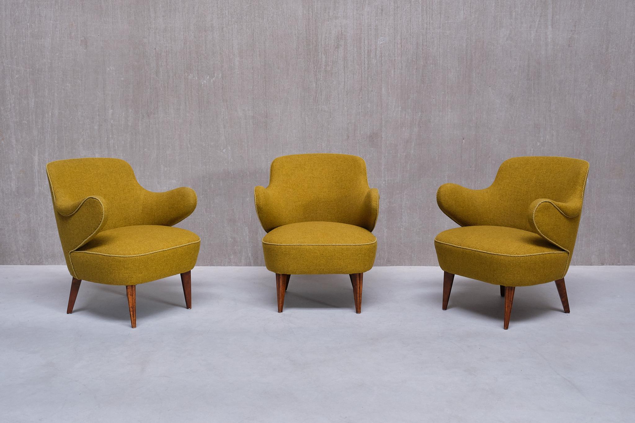 Scandinavian Modern Set of 3 Gustaf Axel Berg Attributed Armchairs, Birch and Chartreuse Wool, 1940s For Sale