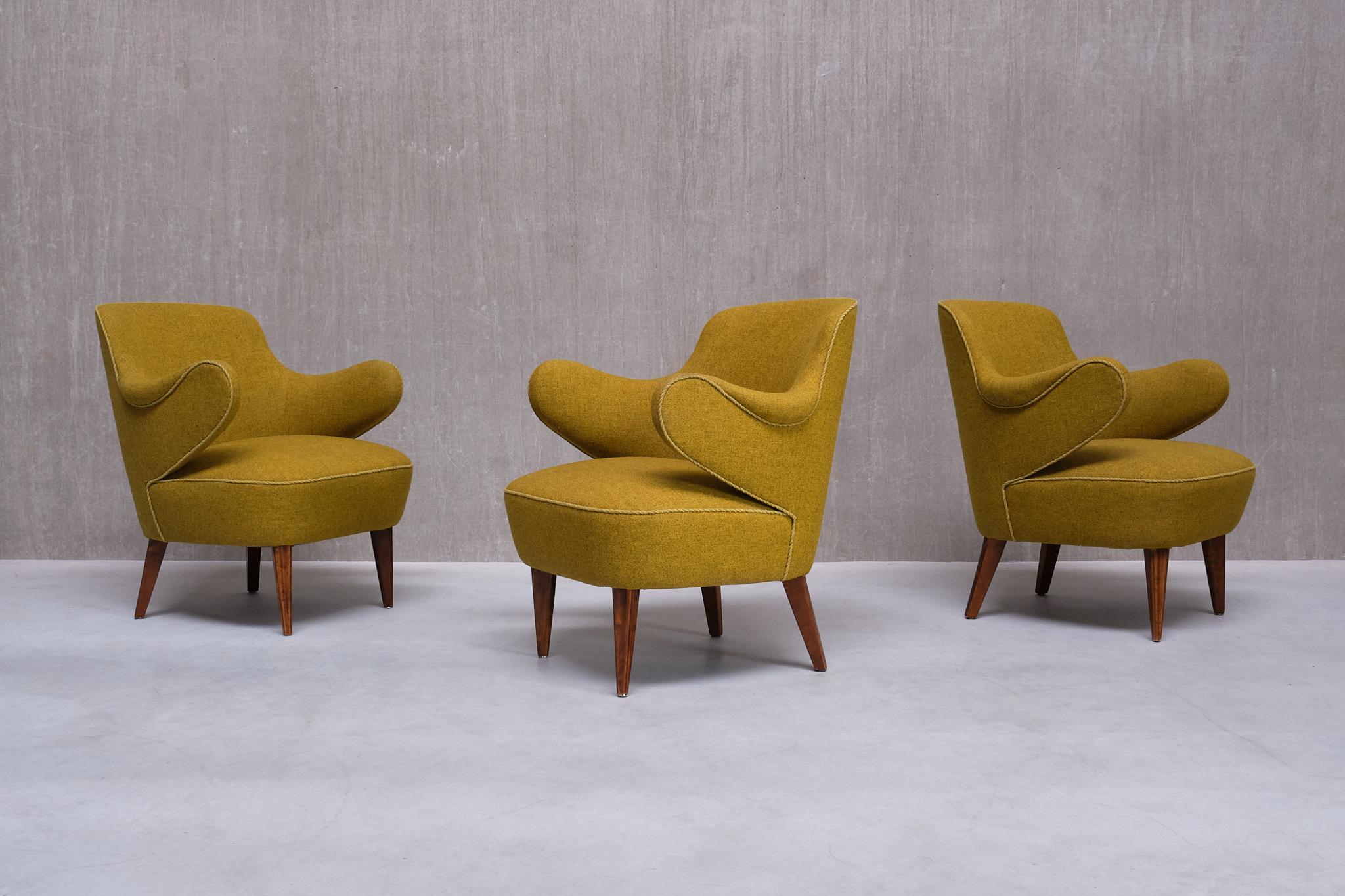 Swedish Set of 3 Gustaf Axel Berg Attributed Armchairs, Birch and Chartreuse Wool, 1940s For Sale